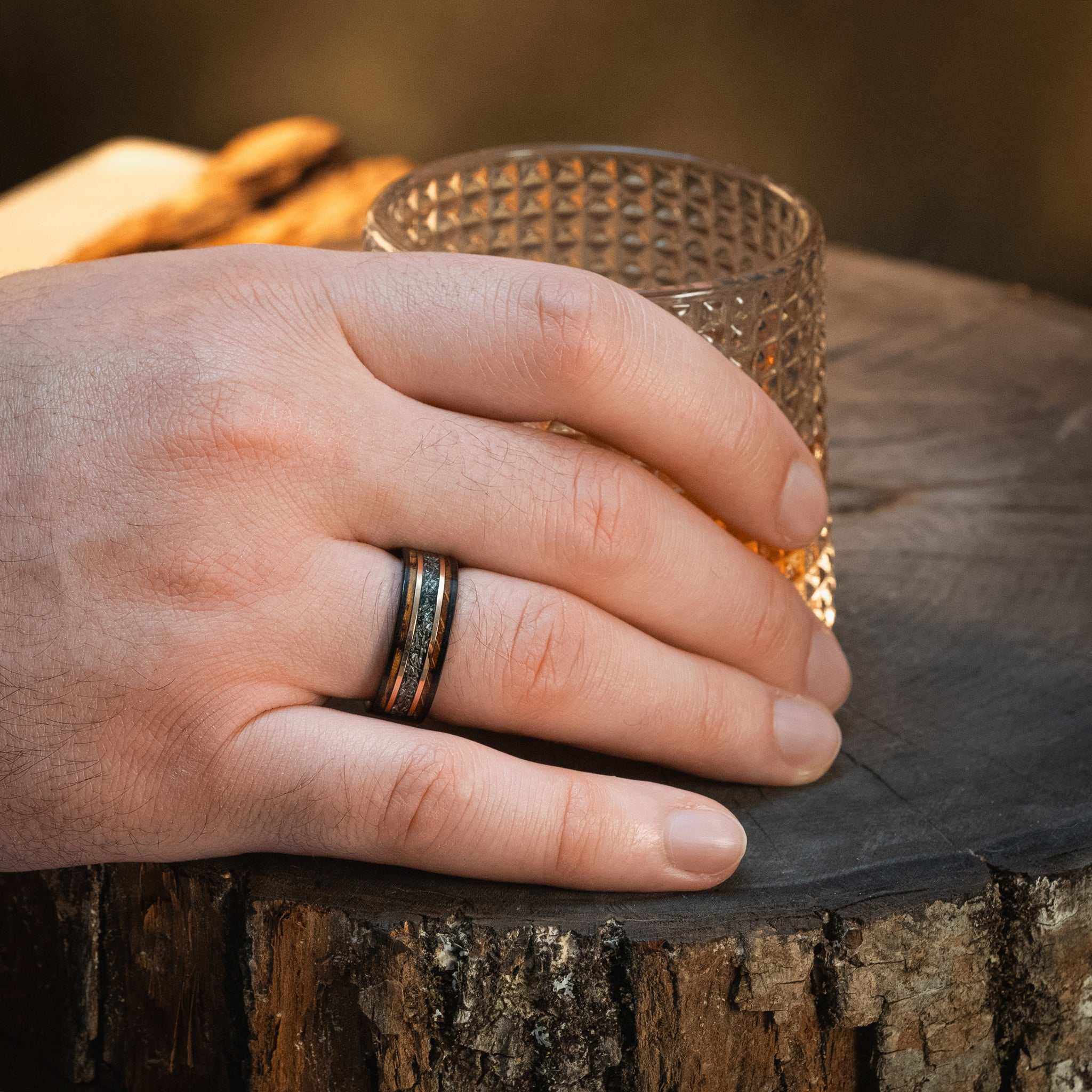 Meteorite x Burnt Whiskey Barrel Wood Black Tungsten Ring