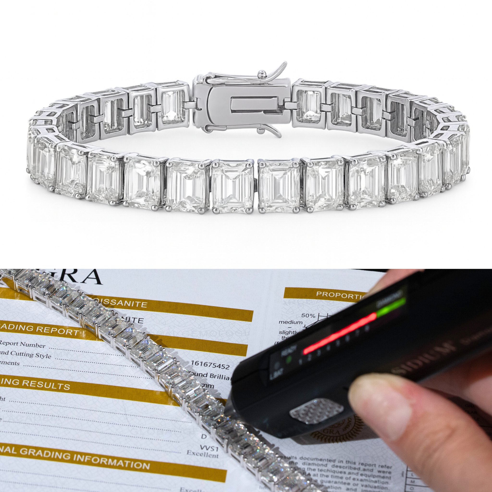 Moissanite Emerald Cut Tennis Bracelet Real 925 Sterling Silver 60.0 TCW