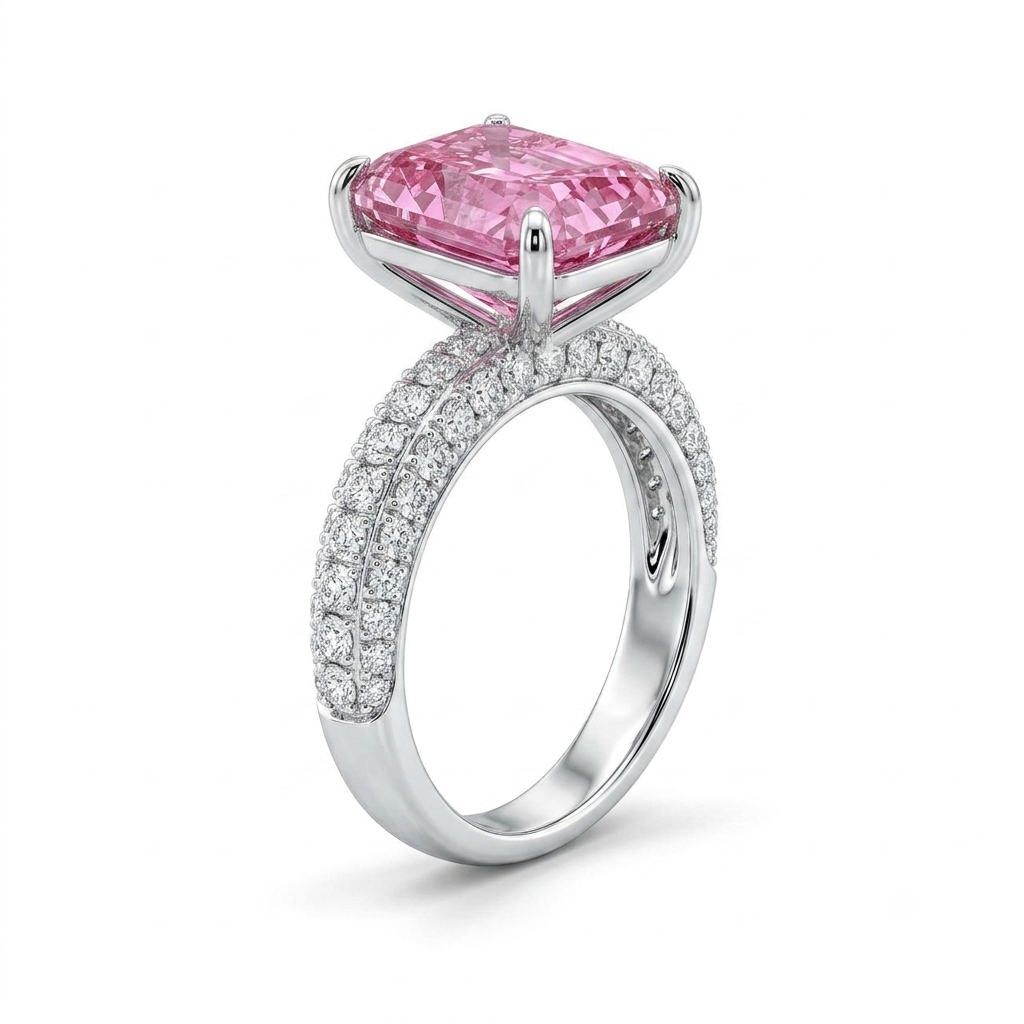 925 Sterling Silver Radiant Cut Sakura Pink 5.19 TCW Engagement Ring