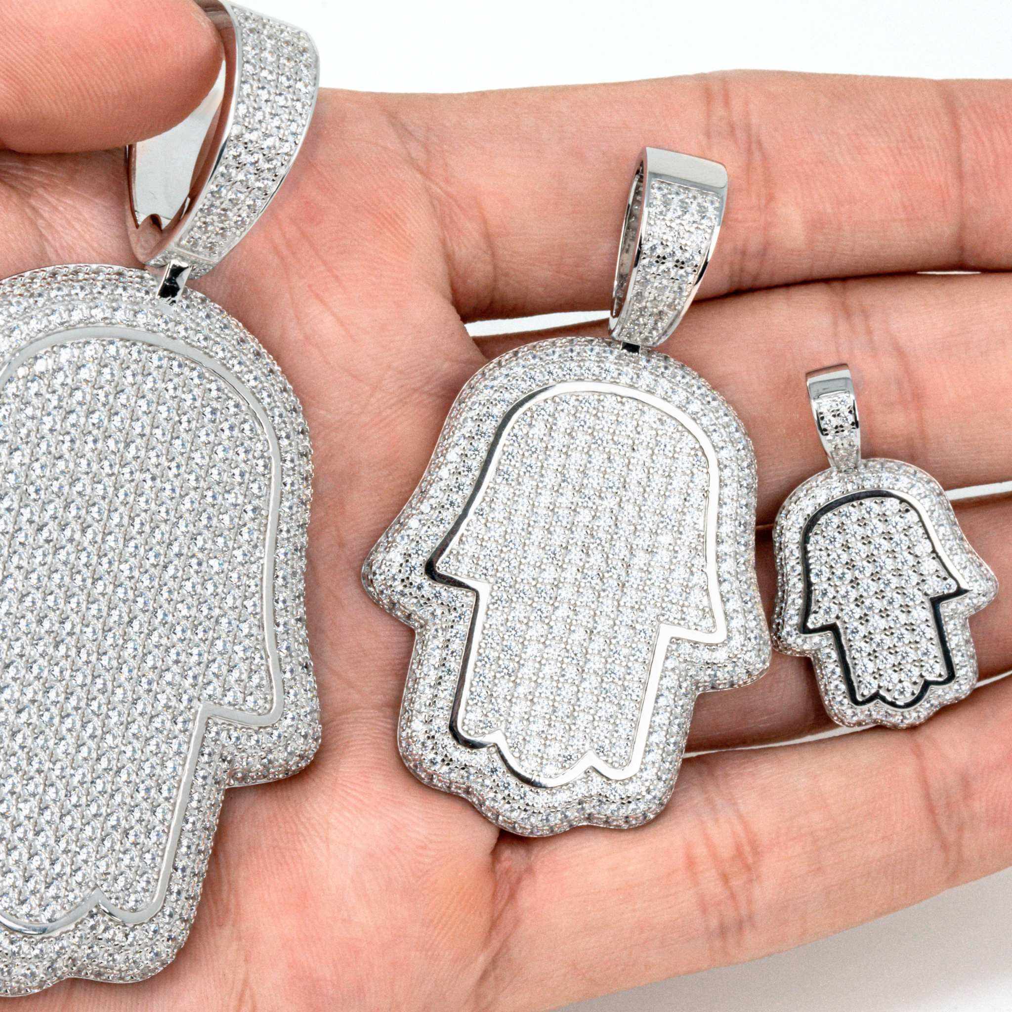 Hand of God Hamsa Pendant in 925 sterling silver with pavé CZ stones.