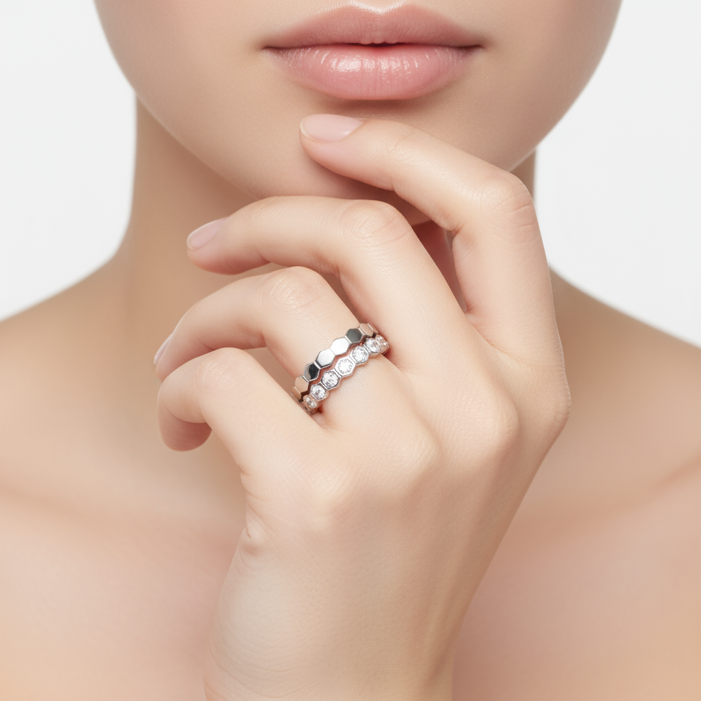 Moissanite Stackable Hexagon Shaped Rings Set of 2 Women's Bands