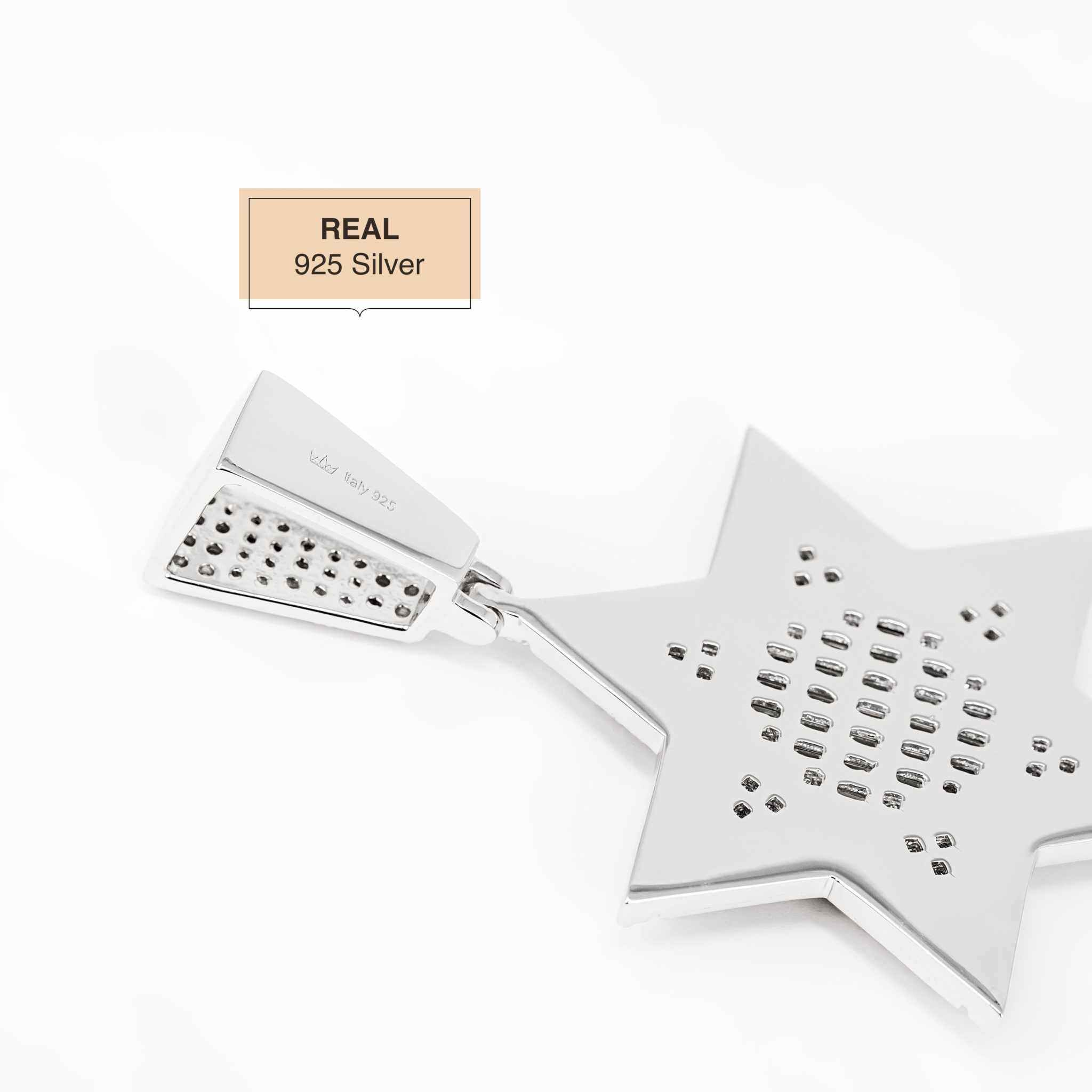 Moissanite Star of David pendant in 925 sterling silver with rhodium plating.