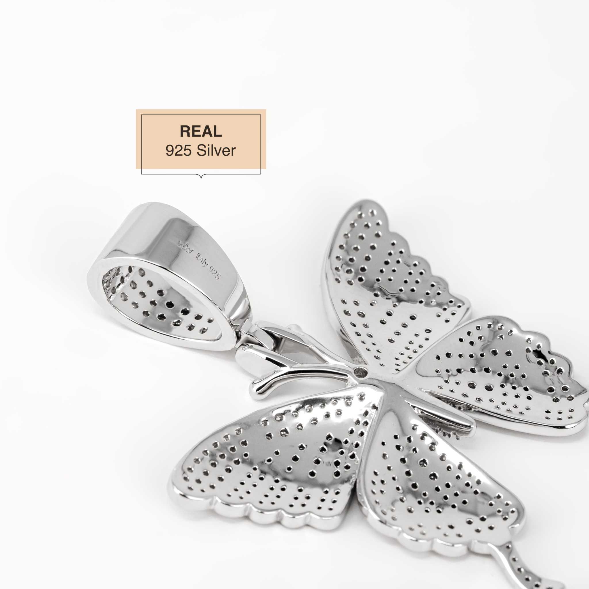 Womens Moissanite Butterfly Pendant in 925 sterling silver with lab-created moissanite stones.