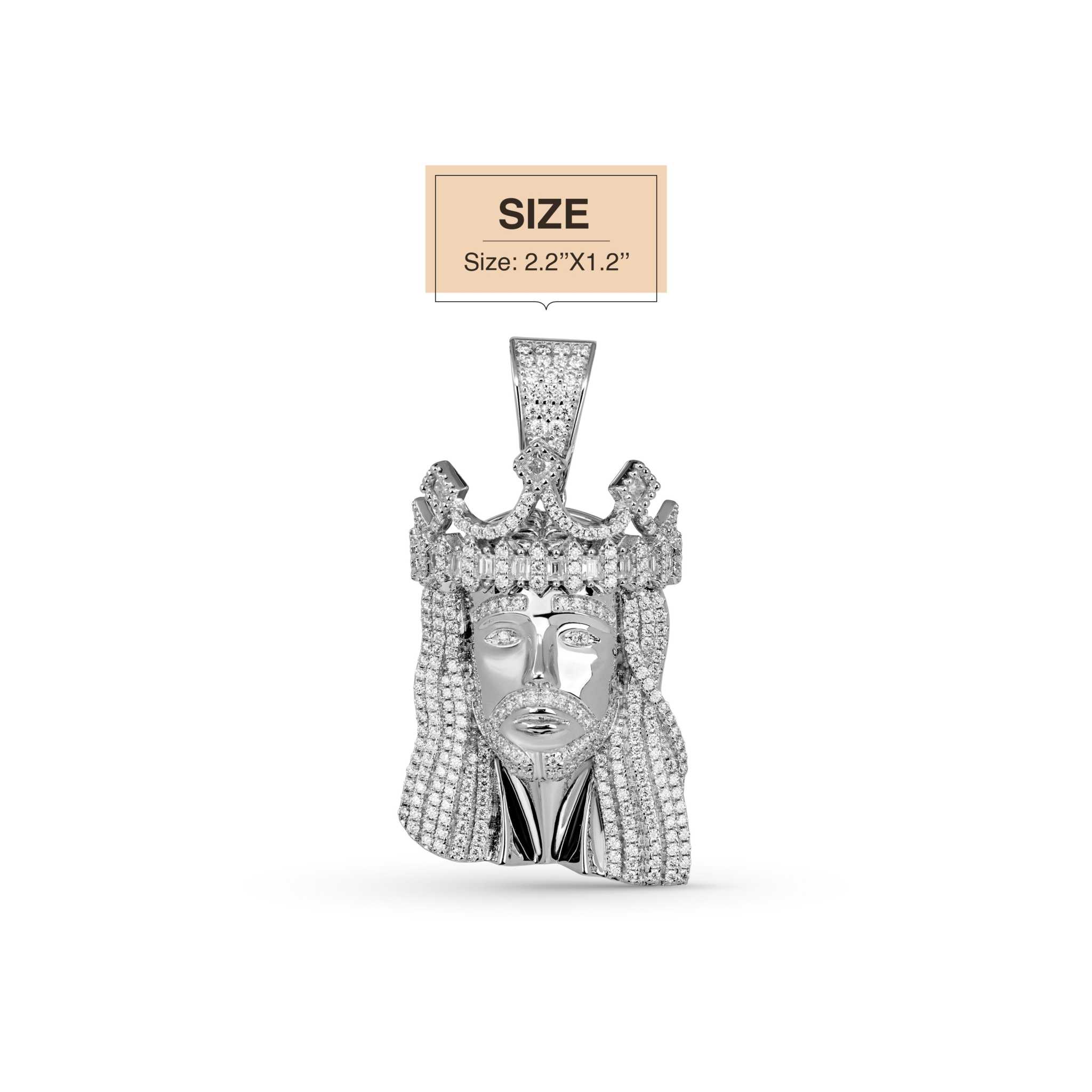 Moissanite Iced King Crown Jesus Head Pendant in 925 Sterling Silver, 2.2x1.2 inches, with VVS1 D-grade Moissanite stones.