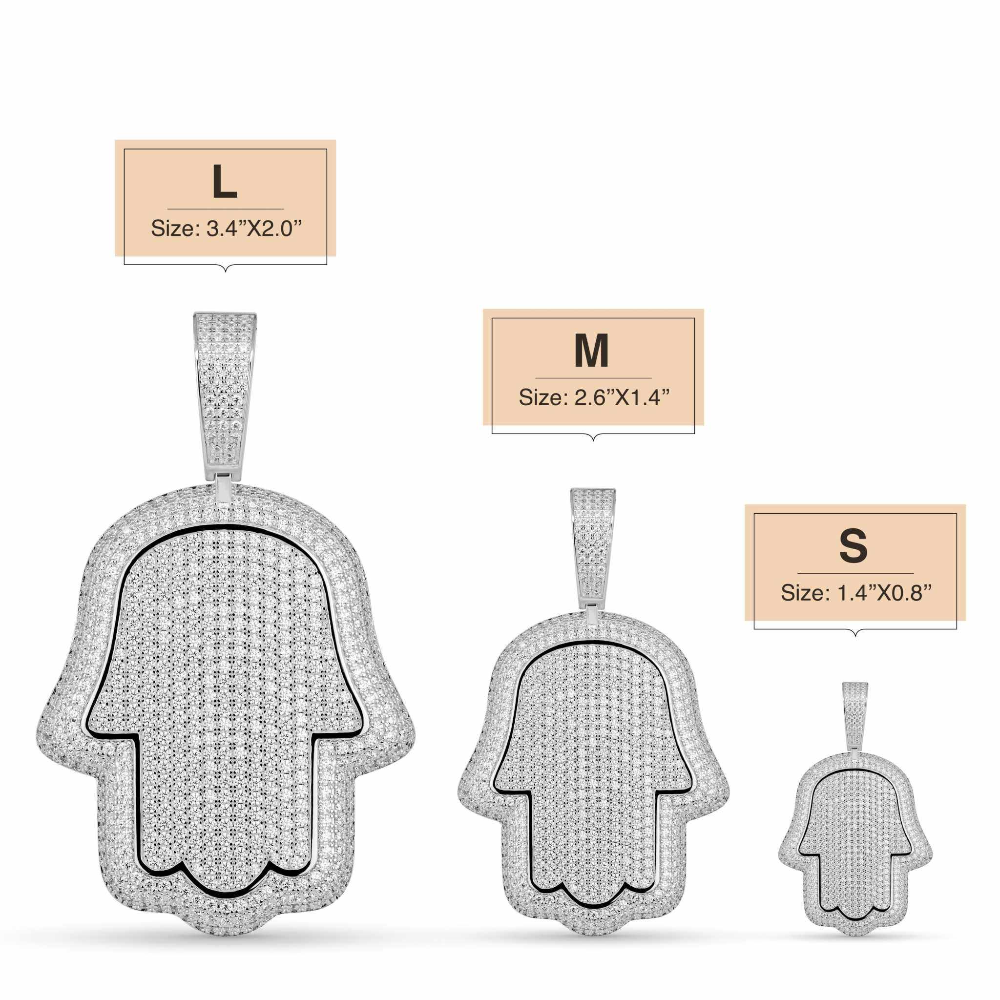 Hand Of God Hamsa Pendant in 925 sterling silver with round-cut CZ 5A stone, available in small, medium, large sizes.