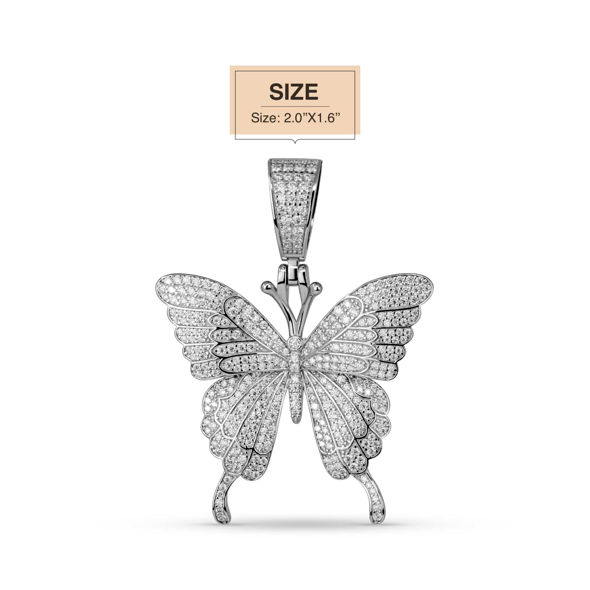 Womens Moissanite Butterfly Pendant in sterling silver with pave-set stones.