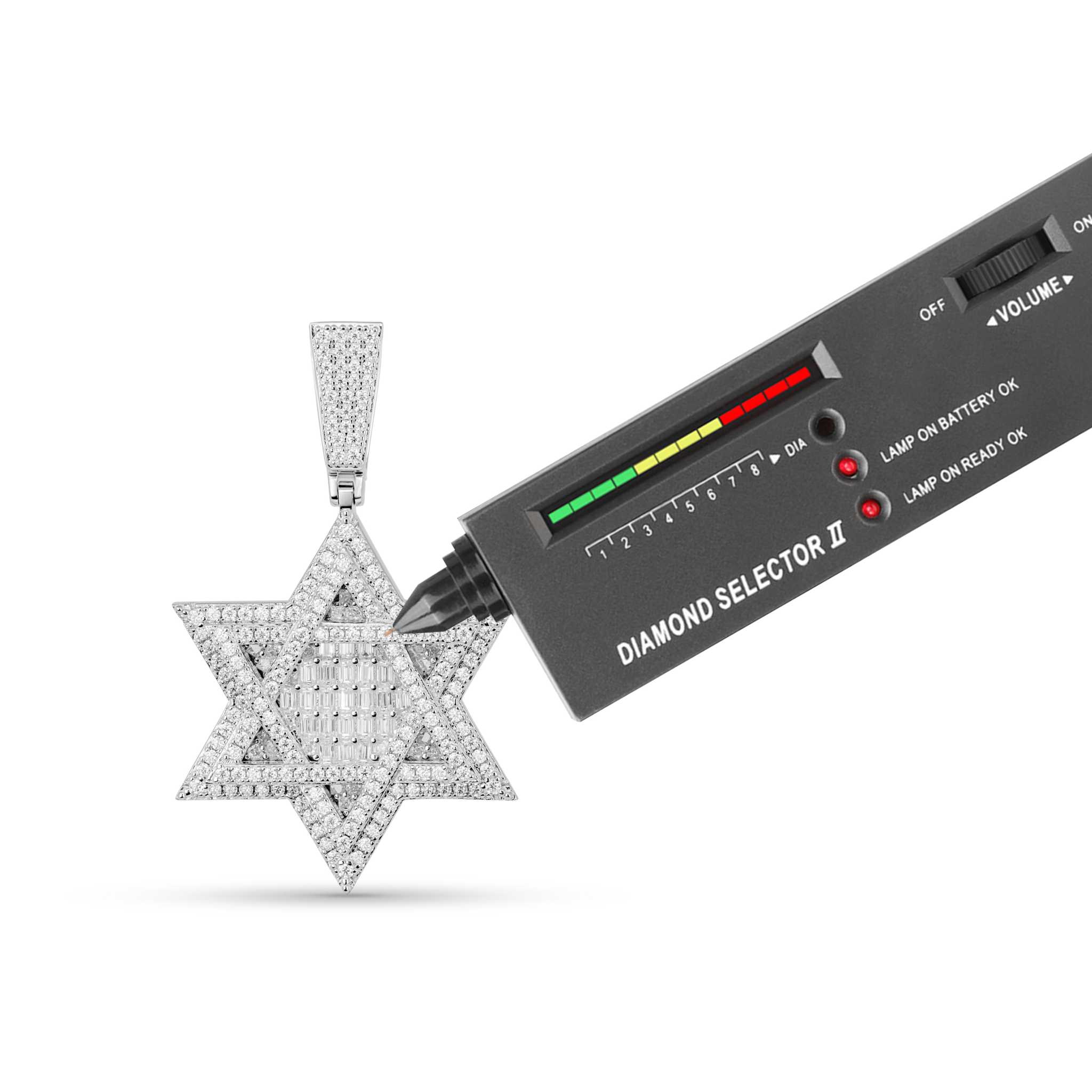 Moissanite Star of David pendant in sterling silver with diamond tester.