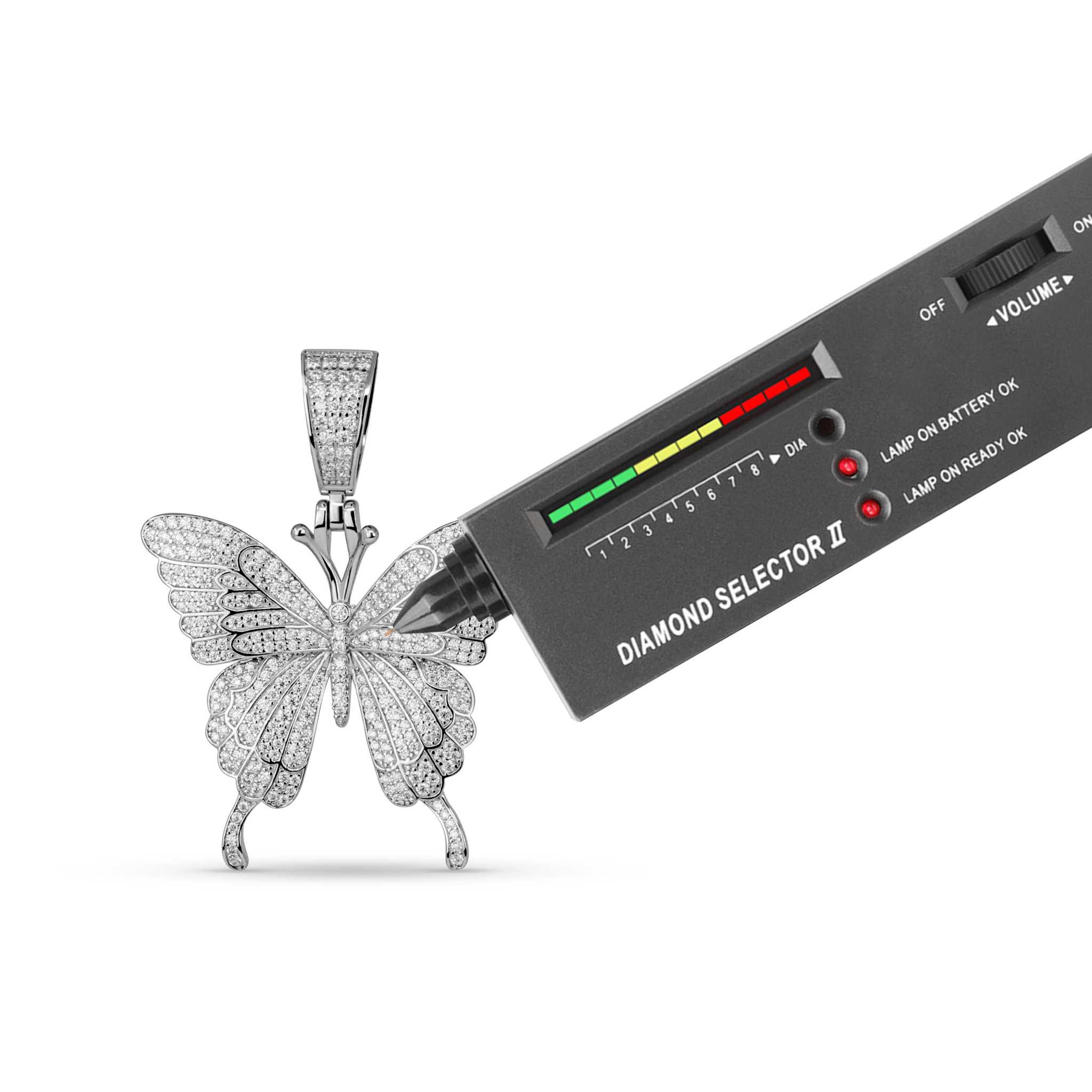 Womens Moissanite Butterfly Pendant in sterling silver with lab-created stones, tested with diamond selector.