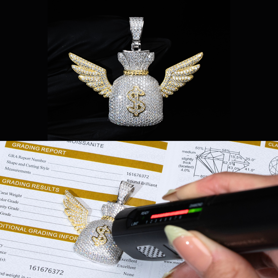 Moissanite Two Tone Money Bag Pendant 925 Sterling Silver