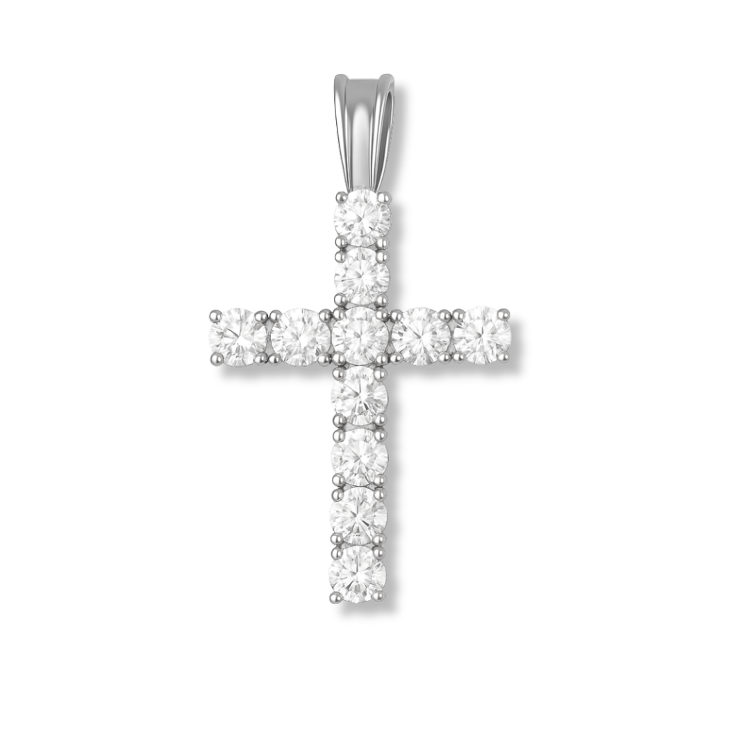 925 sterling silver tennis cross pendant with clear cz stones on white background