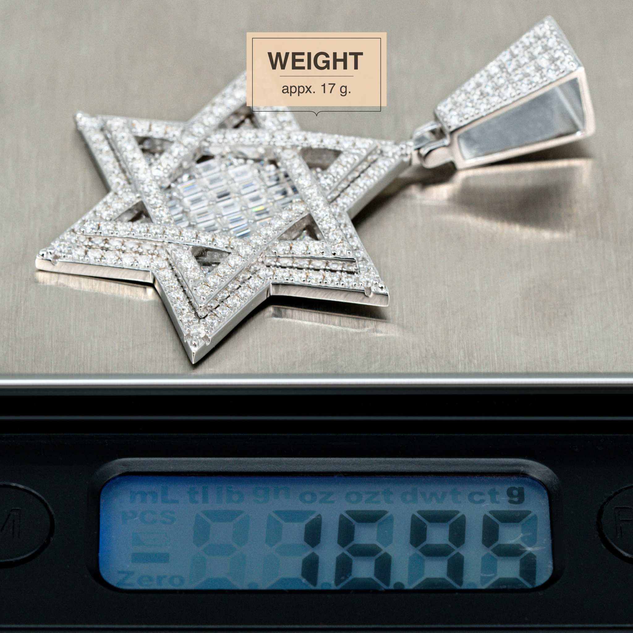 Moissanite Star of David pendant in 925 sterling silver with diamond-like brilliance.