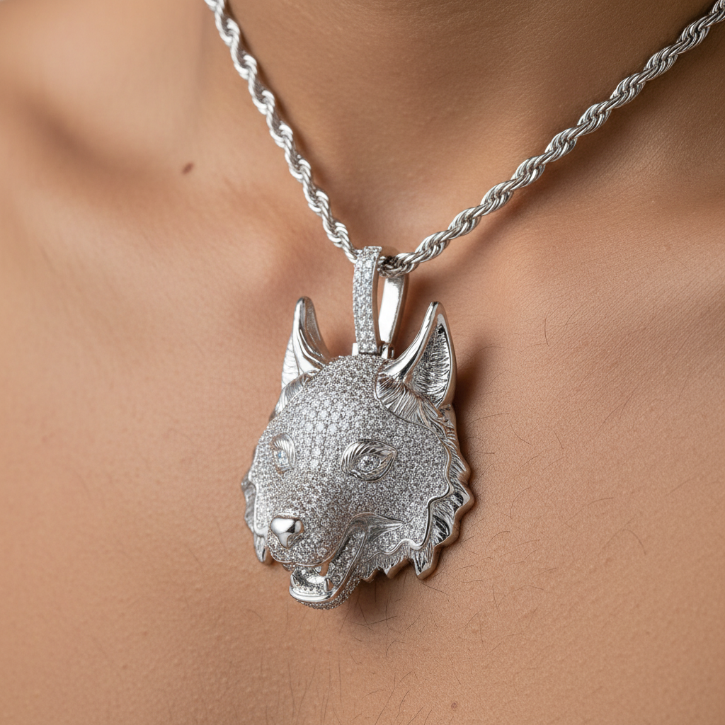 Moissanite Wolf Head Pendant in 925 Sterling Silver – detail view