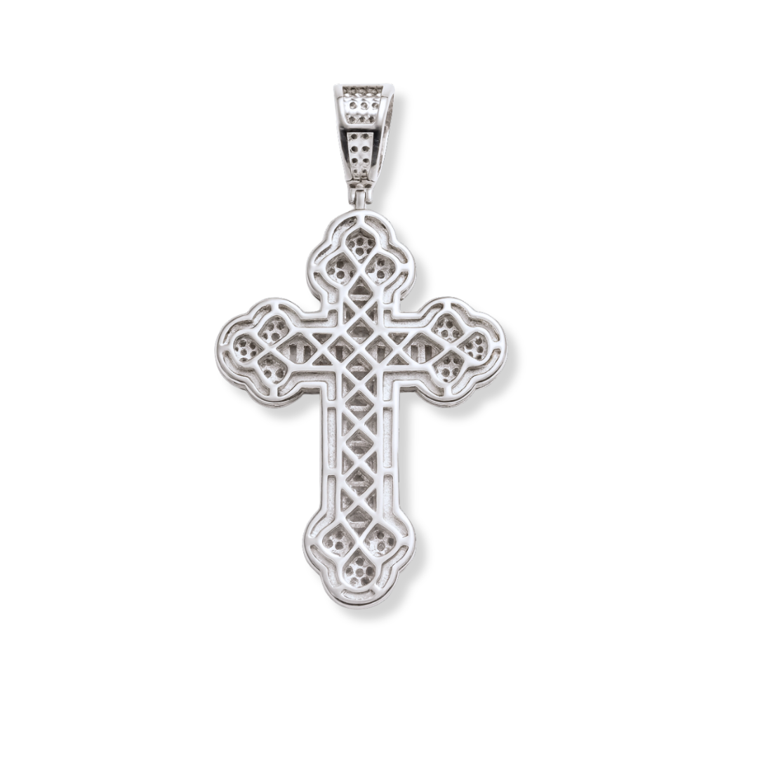 Moissanite Cross Pendant in Orthodox Design with Baguette and Round VVS1 Stones, 925 Sterling Silver