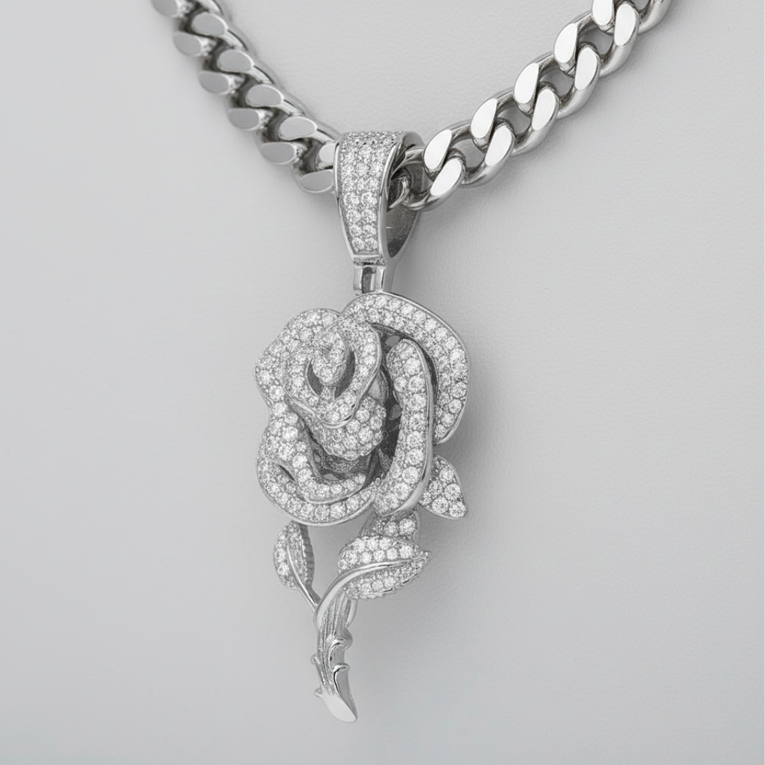 Moissanite Rose Flower Pendant in 925 Sterling Silver