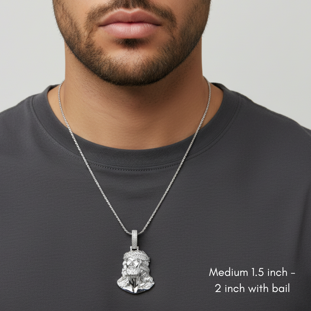 Moissanite Jesus Piece Pendant | Solid 925 Sterling Silver Glossy Finish - Medium Size
