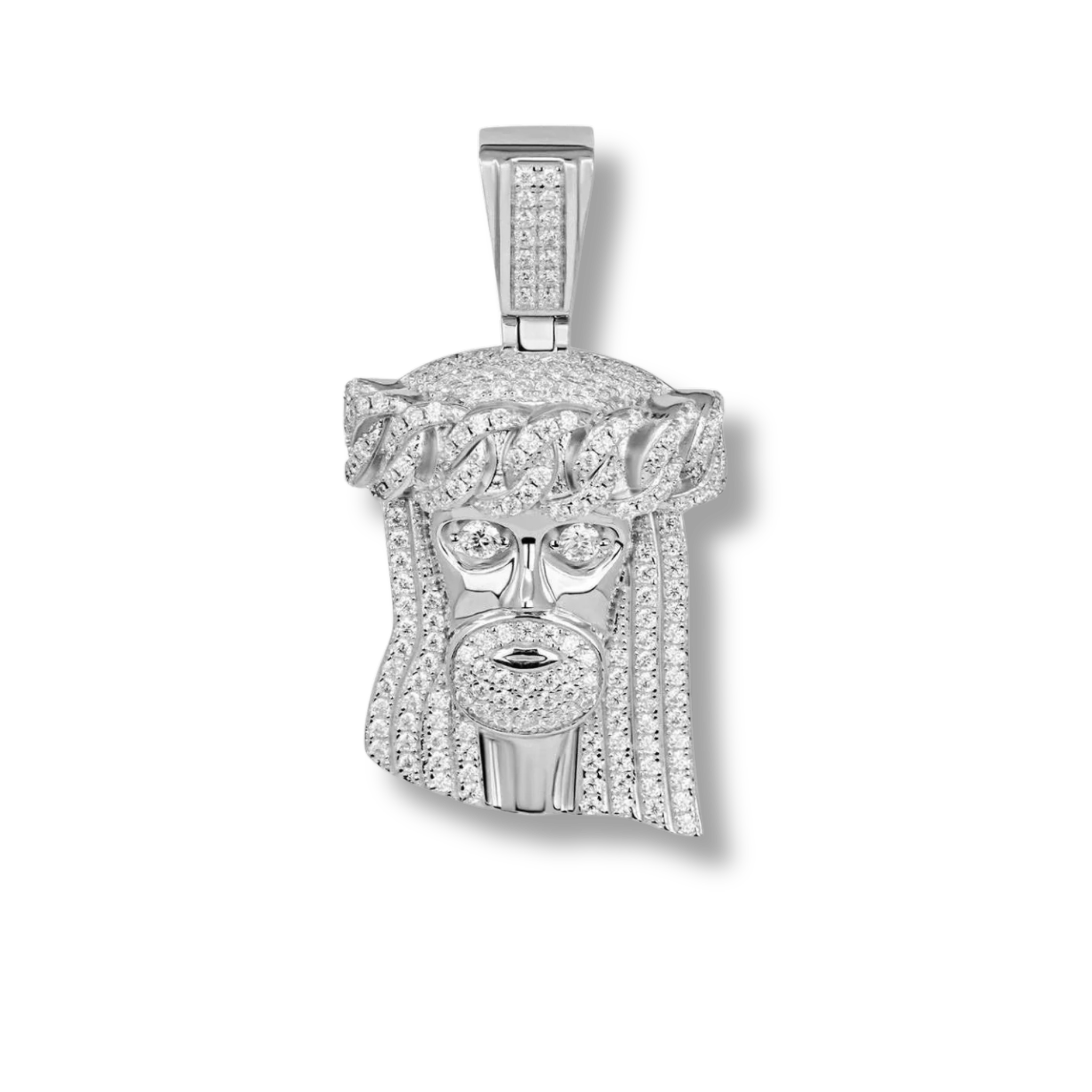 Moissanite Jesus Head Piece pendant in 925 sterling silver with round-cut stones and hip-hop style design
