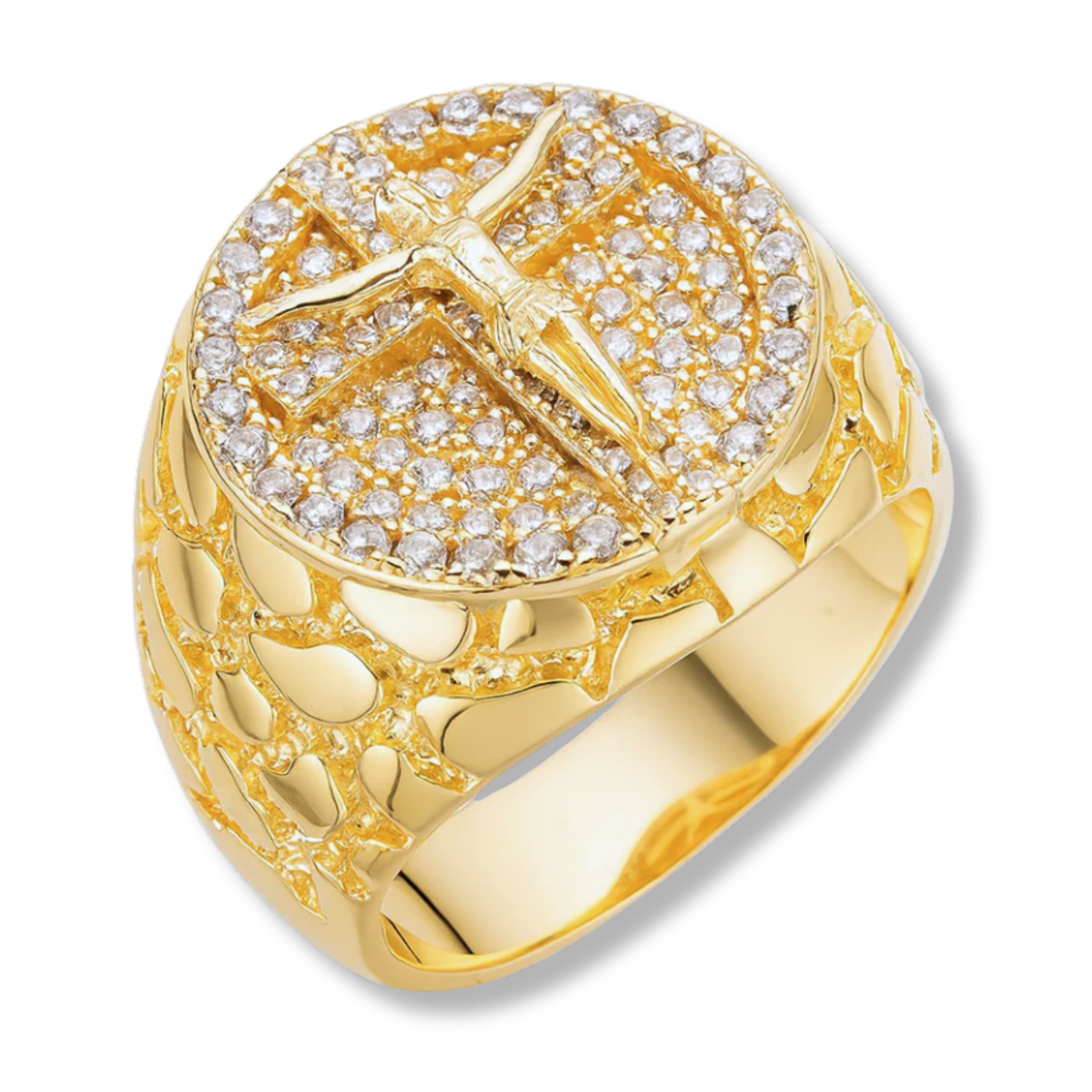 14K gold over sterling silver Jesus Crucifix Cross nugget ring with 0.95ct VVS1 Moissanite stones
