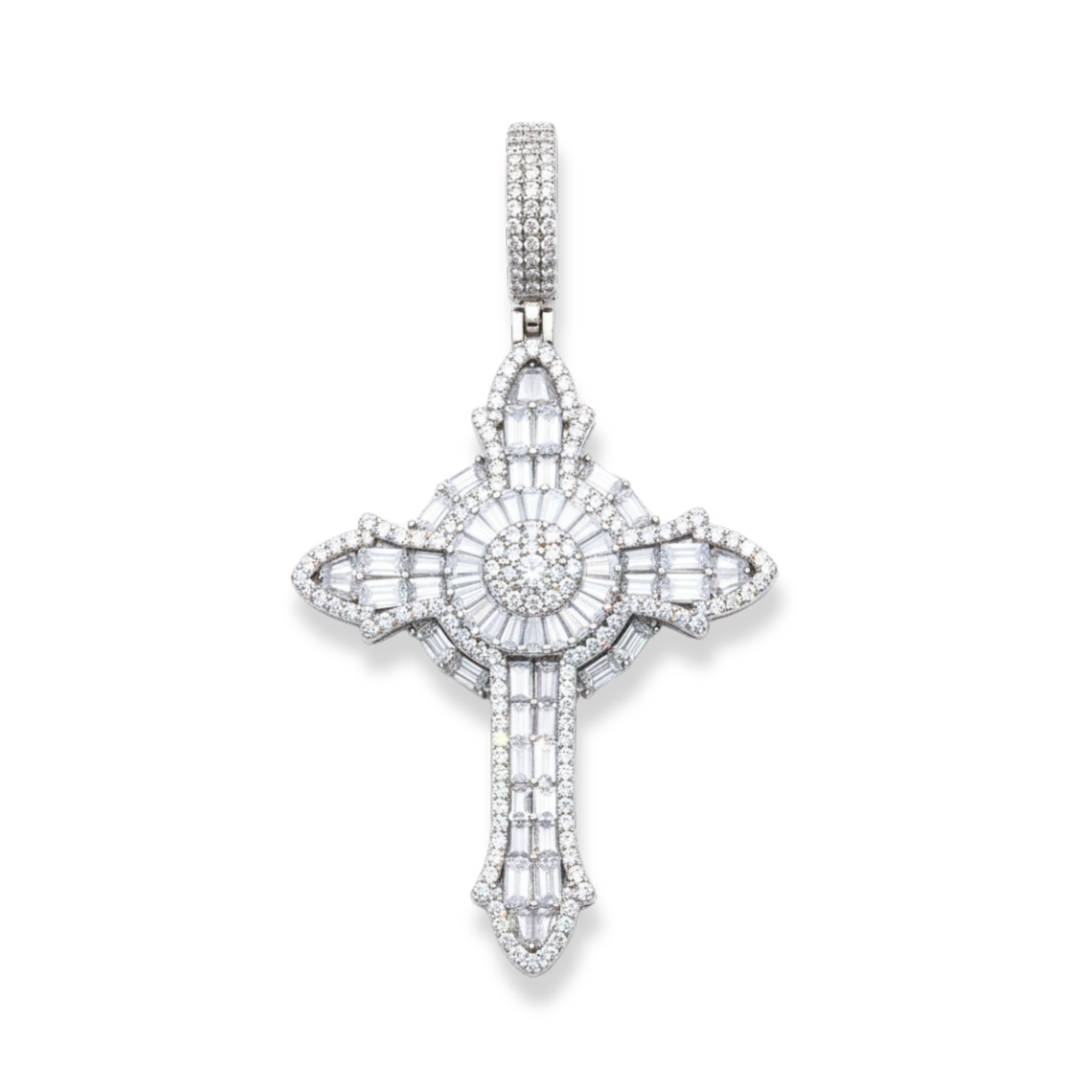 Moissanite Bagutte Cross Pendant in 925 Sterling Silver