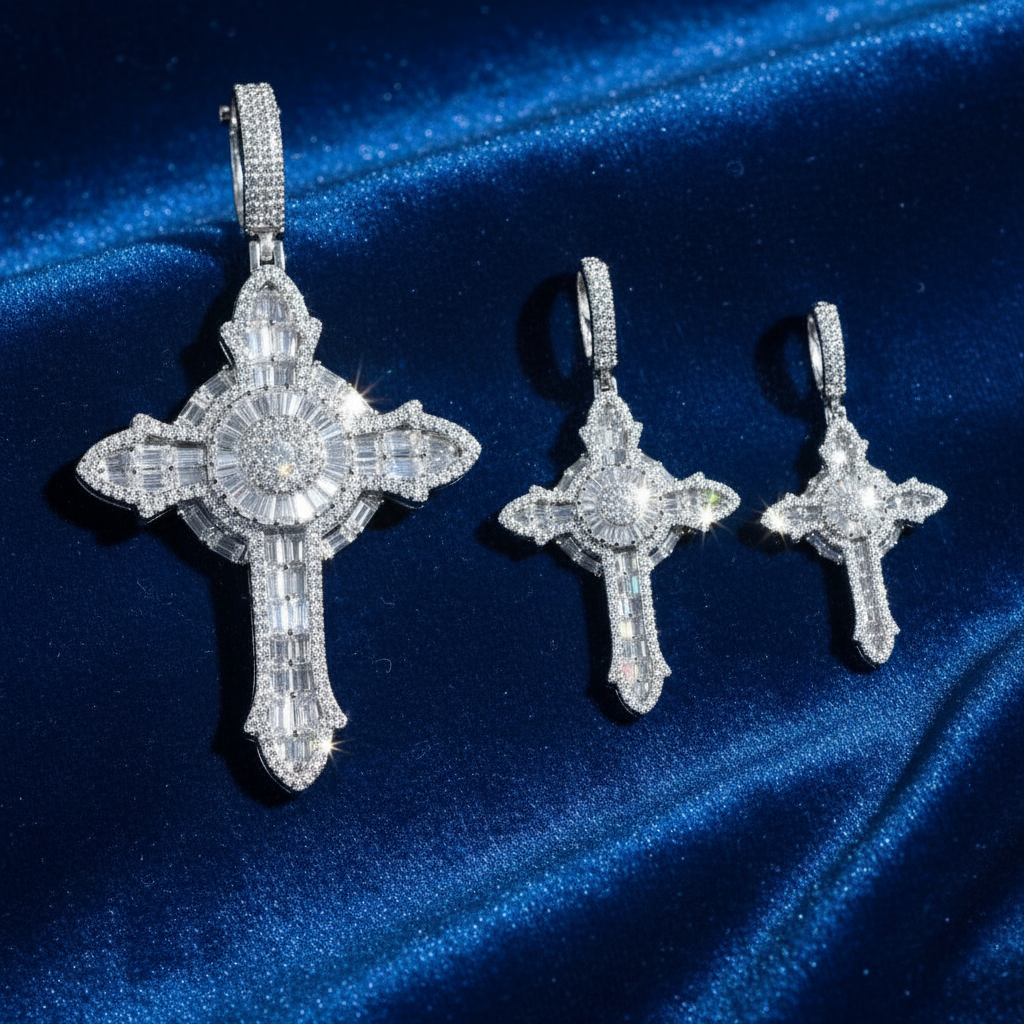 Moissanite Bagutte Cross Pendant in 925 Sterling Silver