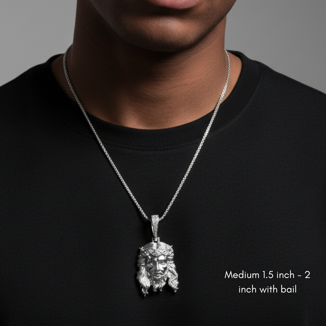 Moissanite Jesus Piece Pendant 925 Sterling Silver Glossy Finish - Medium Size