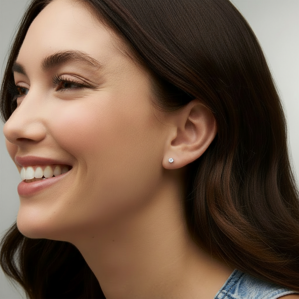 Moissanite Stud Solitaire Earrings in 925 Sterling Silver model photo