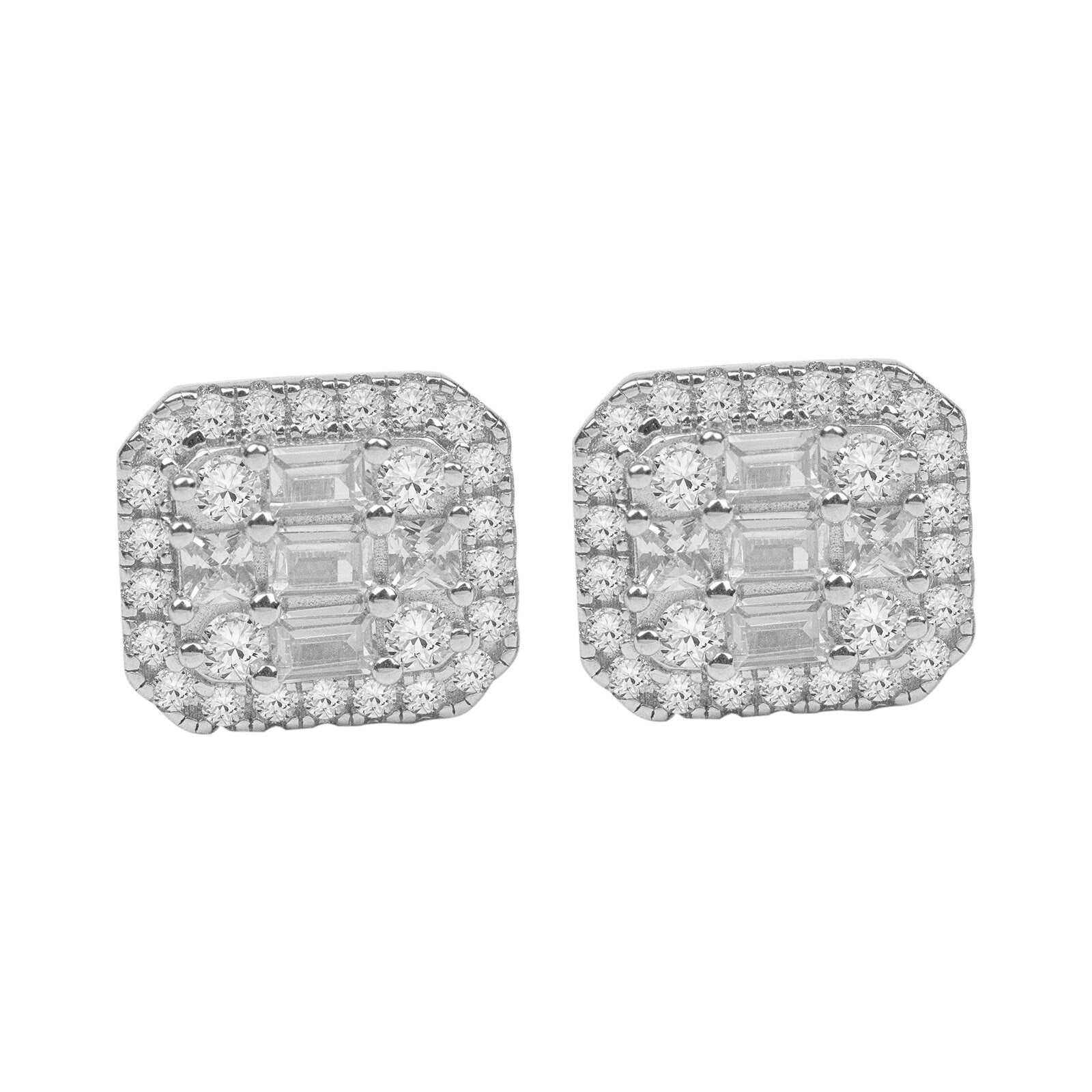 Men's sterling silver baguette stud earrings with 2.5ct clear 5A CZ stones and round CZ accents, screw back closure.