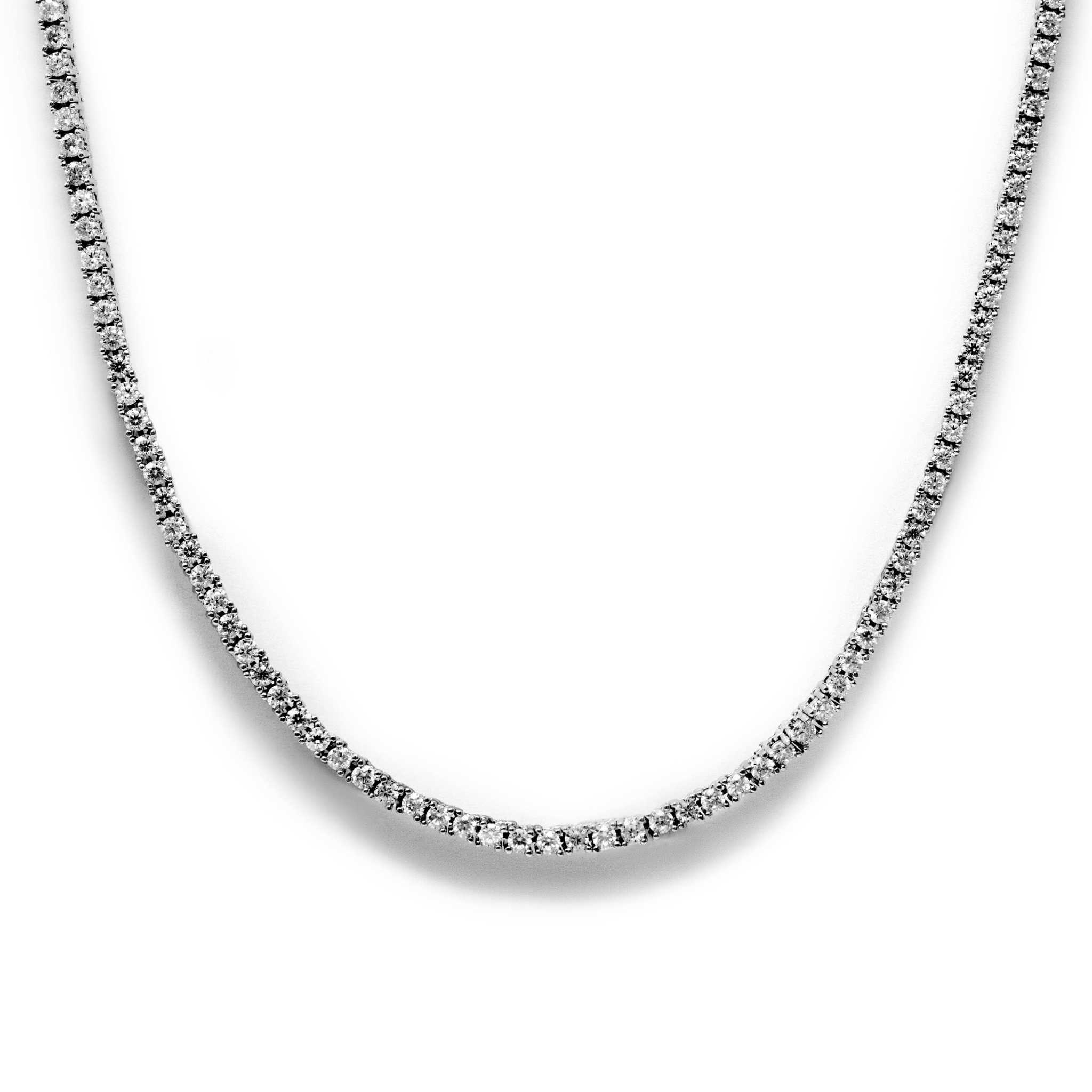 Unisex 2mm moissanite tennis chain in solid 925 sterling silver with rhodium finish and D color VVS1 moissanite stones, available in 20 and 24 inch lengths