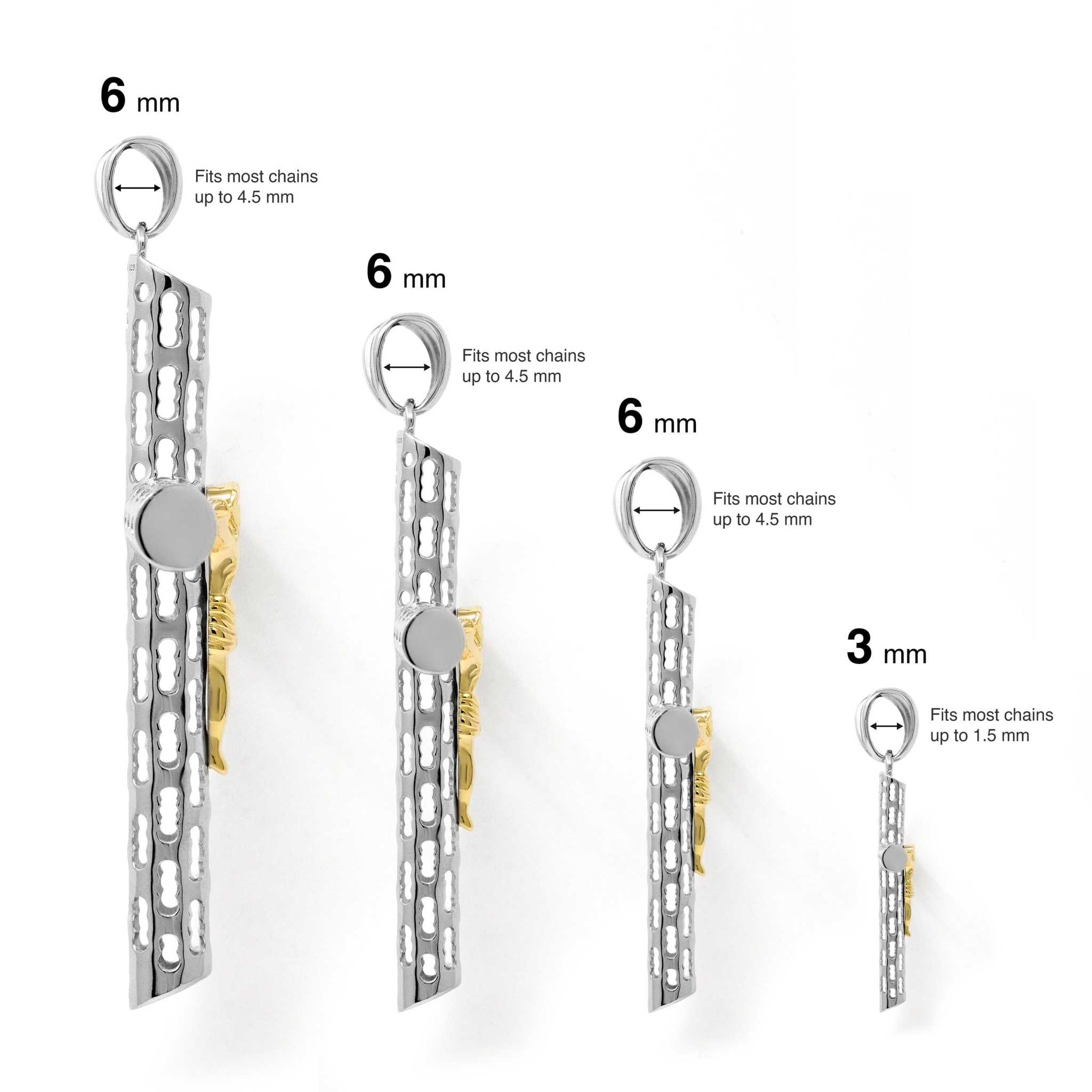 Two Tone Jesus Crucifix Cross Pendant in Sterling Silver and 14K Gold, multiple sizes.