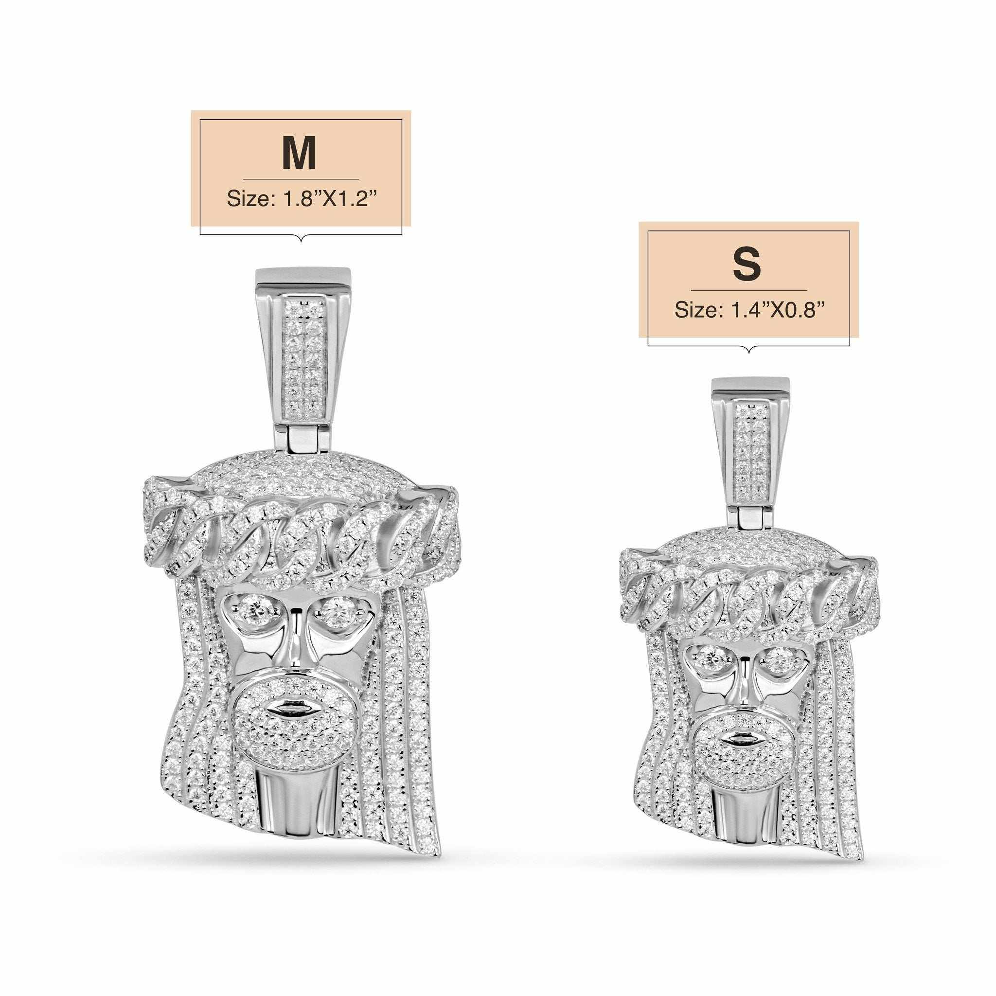 Moissanite Jesus Head Piece pendant in 925 sterling silver with round-cut stones, available in medium and small sizes