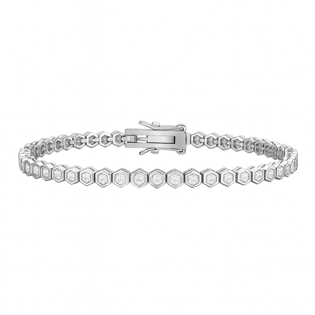 Moissanite hexagon bezel tennis bracelet in 925 sterling silver with 3.5 carats round stones and box clasp