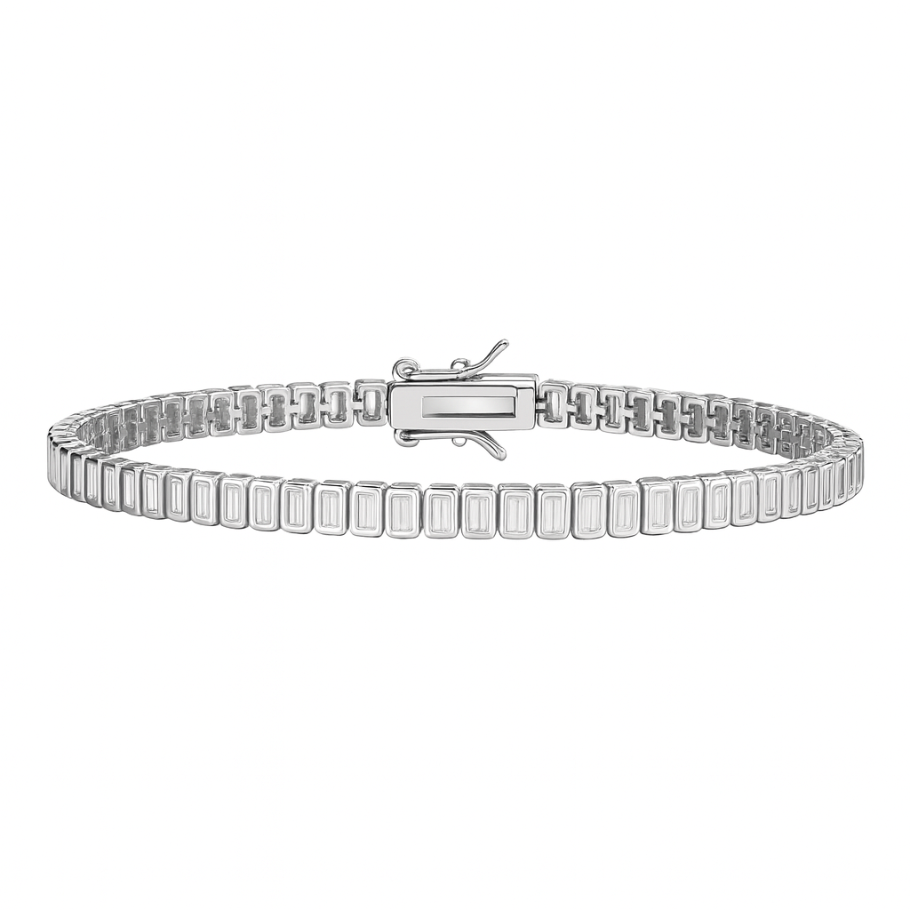 Moissanite emerald cut tennis bracelet in polished 925 sterling silver with VVS1 D color stones and secure clasp