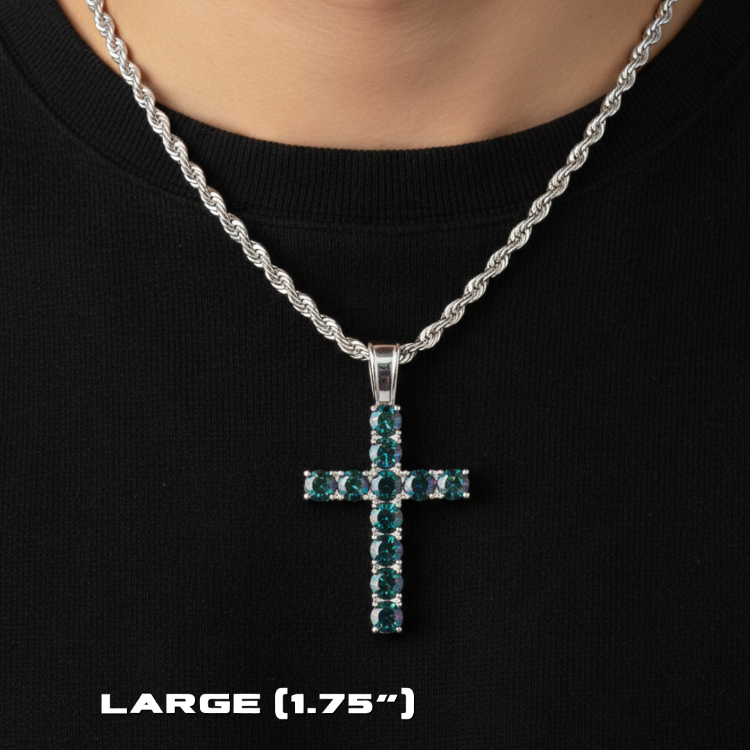 Moissanite Tennis Cross Pendant Mystic Green in 925 Sterling Silver
