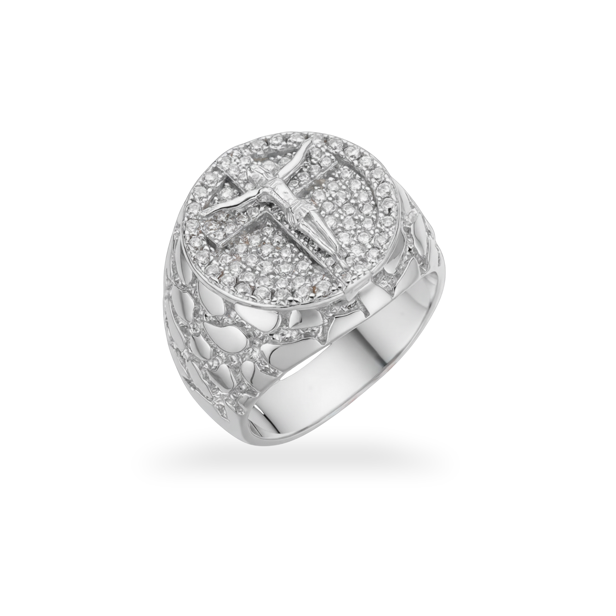 Moissanite Jesus Crucifix Nugget Ring in 925 Sterling Silver