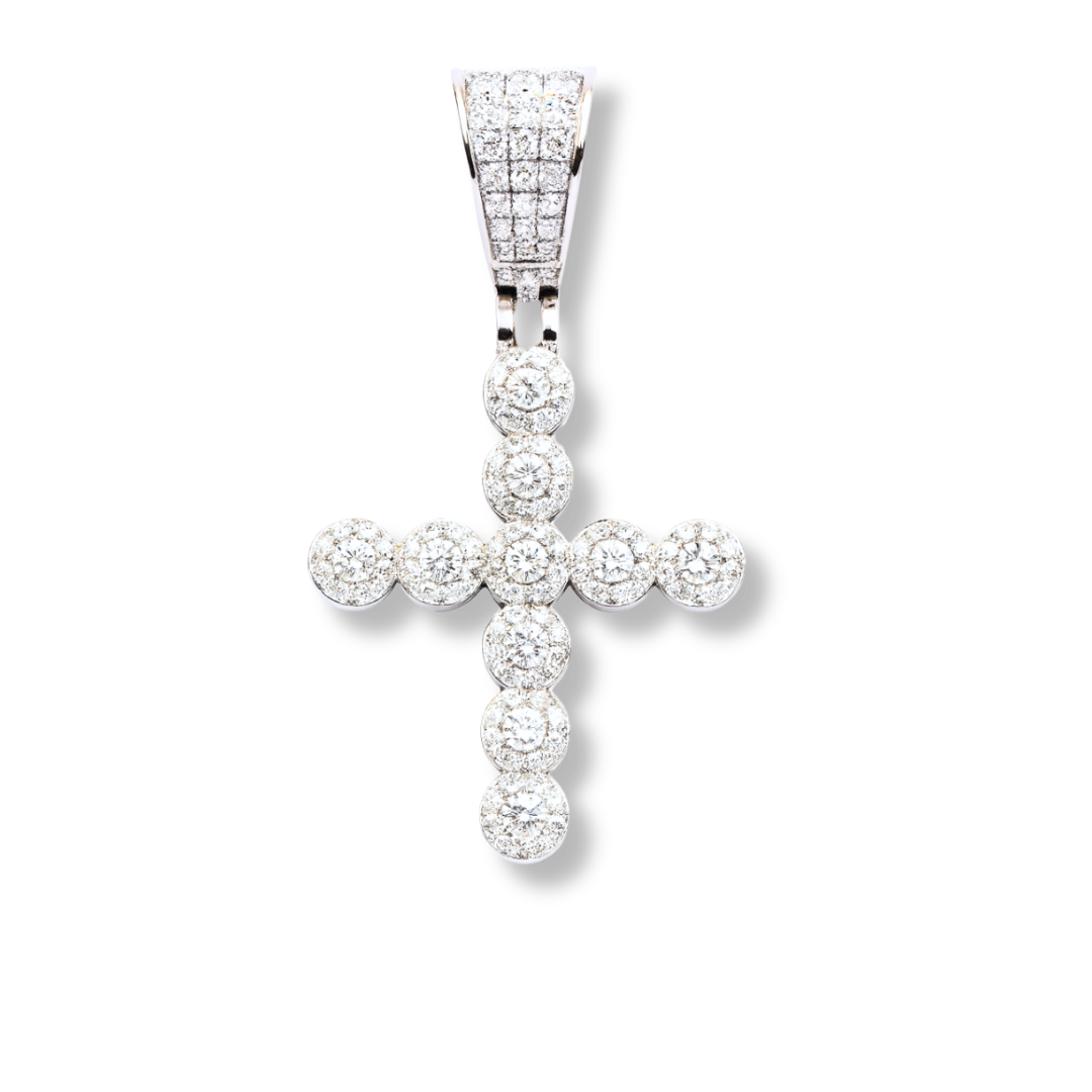 Moissanite round shaped tennis cross pendant in 925 sterling silver with rhodium plating