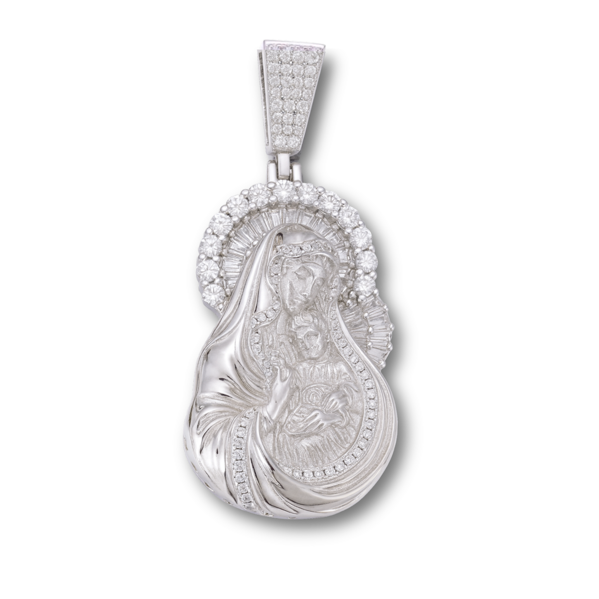 Moissanite Virgin Mary Pendant in 925 Sterling Silver