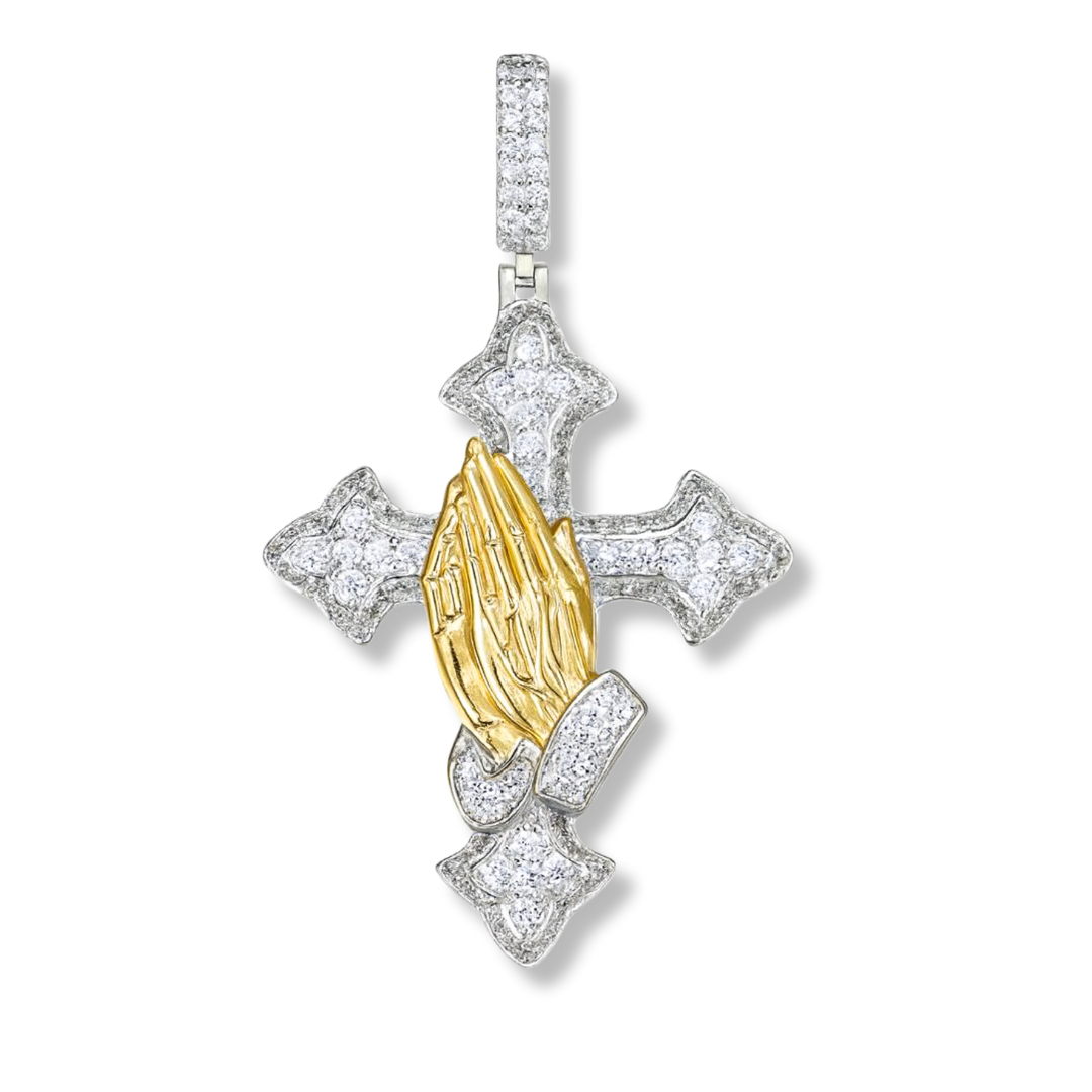 Two tone praying hands cross pendant in 925 sterling silver with rhodium and 14K gold plating and moissanite stones