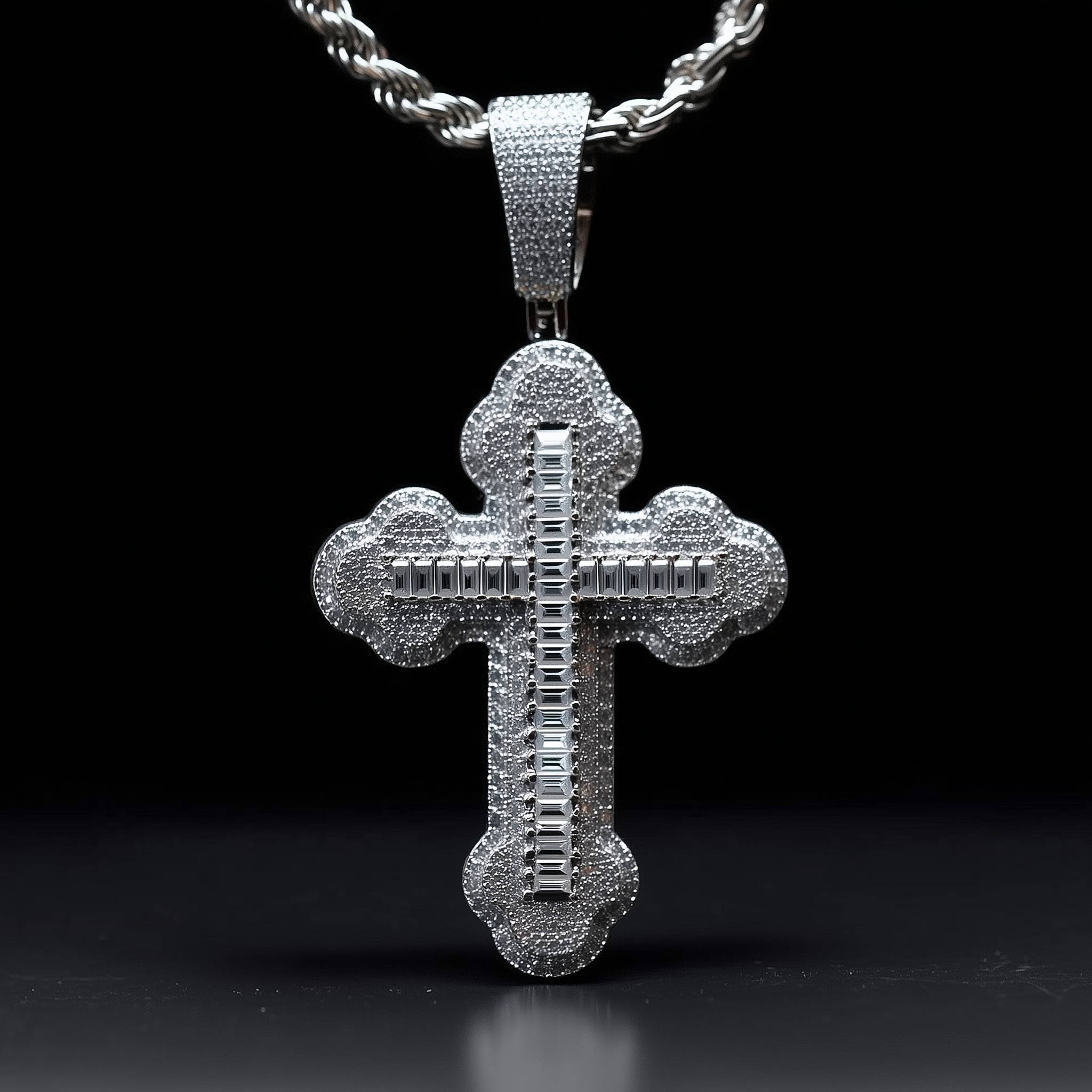 Moissanite Cross Pendant in Orthodox Design with Baguette and Round VVS1 Stones, 925 Sterling Silver