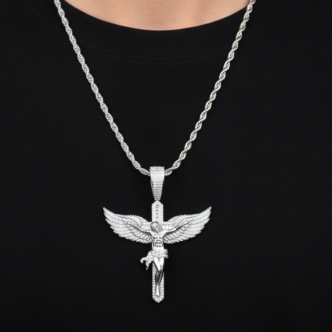 Moissanite Jesus Crucifix Cross Angel Wings Pendant 925 Sterling Silver