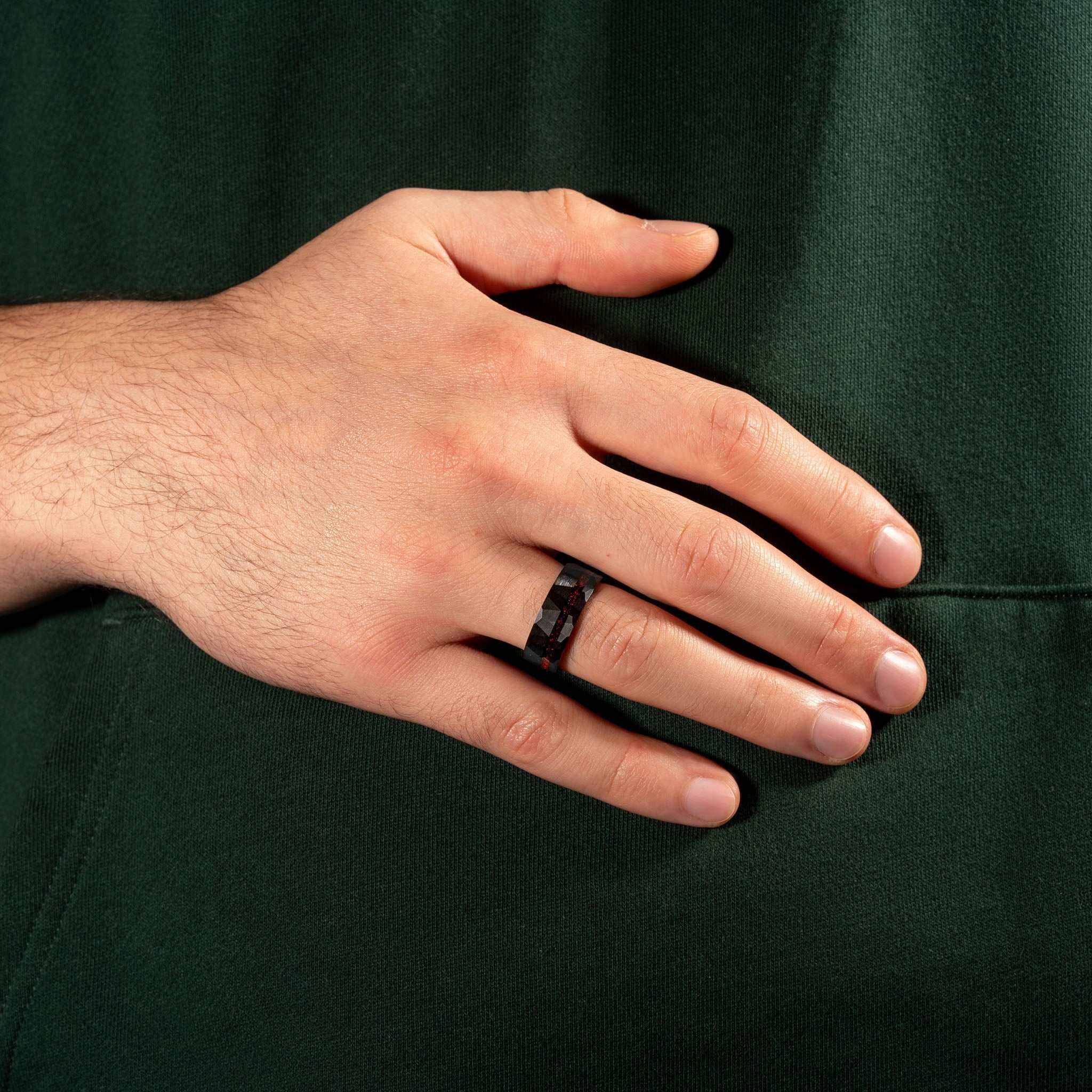 Black Tungsten Opal Ring with hammered texture and brushed finish by Morf Jewelry.