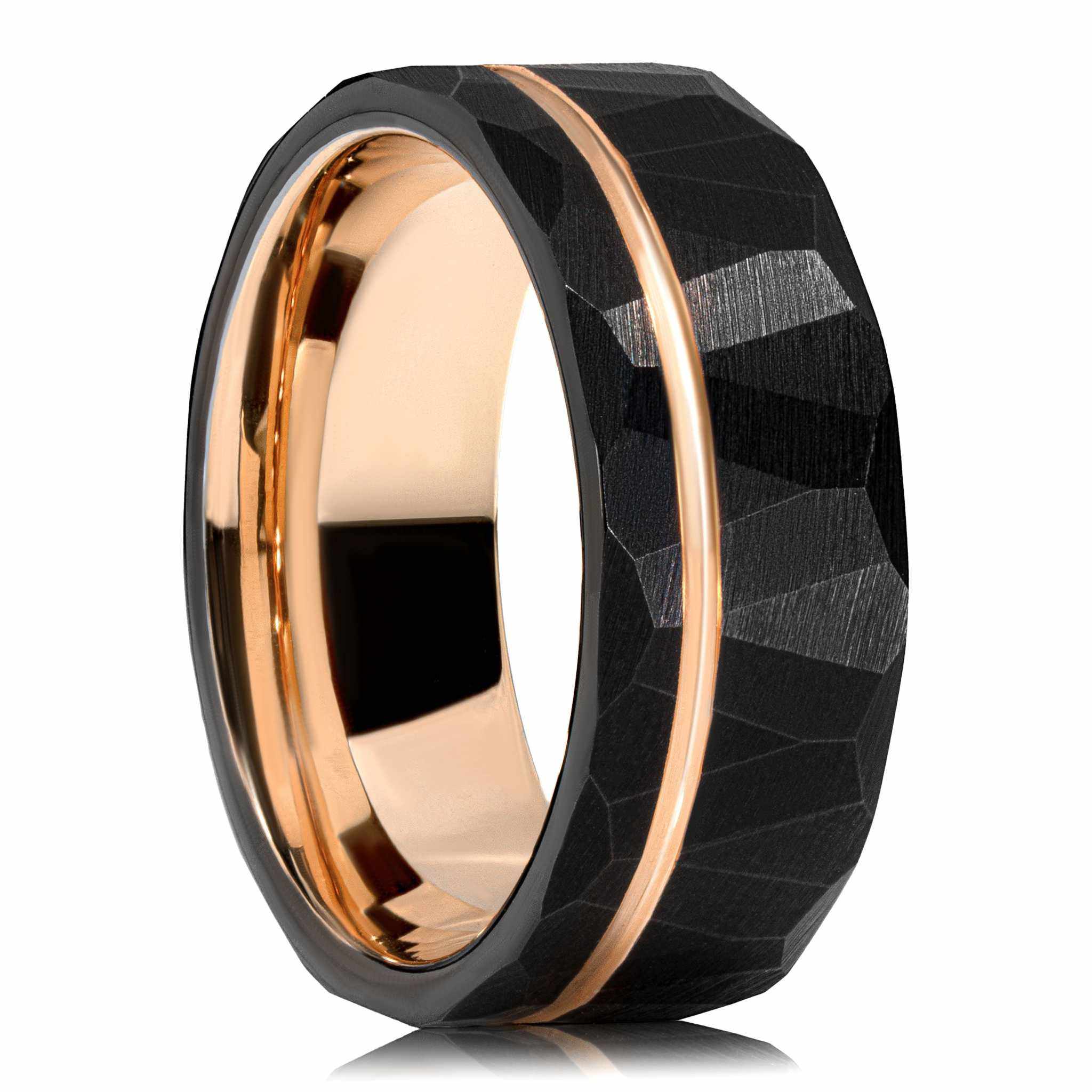 Black tungsten ring with rose gold inner band and faceted exterior, comfort-fit design