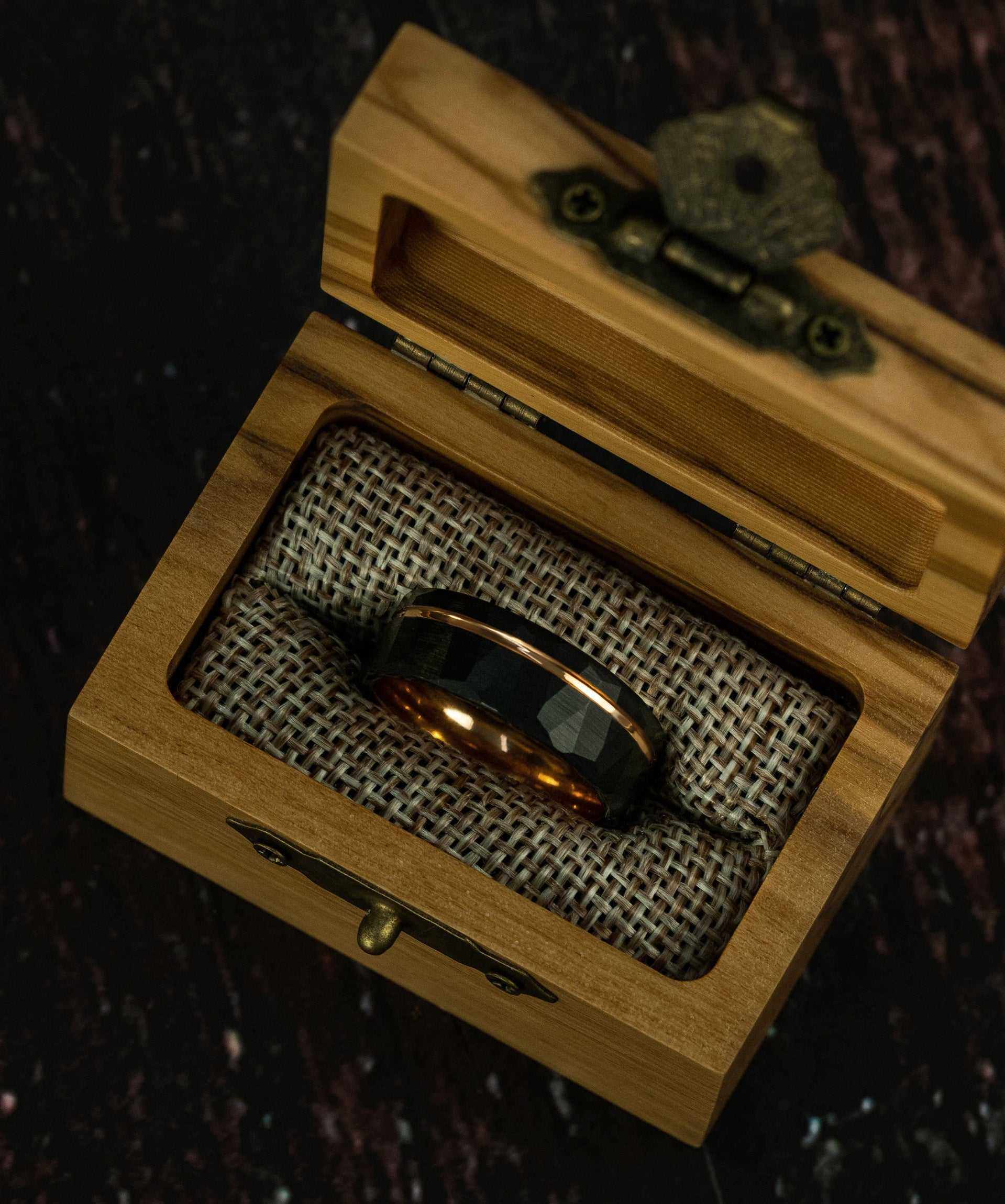 Black tungsten ring in a wooden box, superior quality, comfort-fit design.