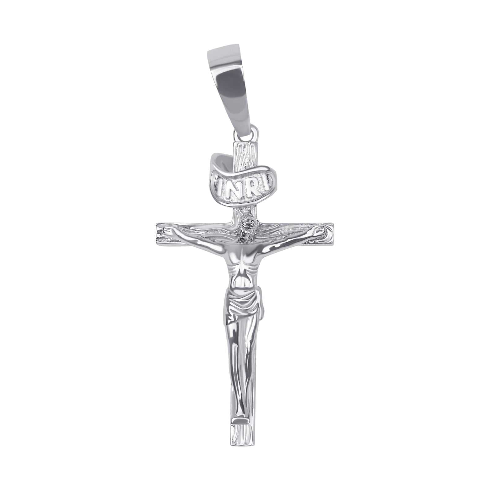 Jesus Crucifix Cross Pendant in solid 925 sterling silver with detailed craftsmanship and polished shine