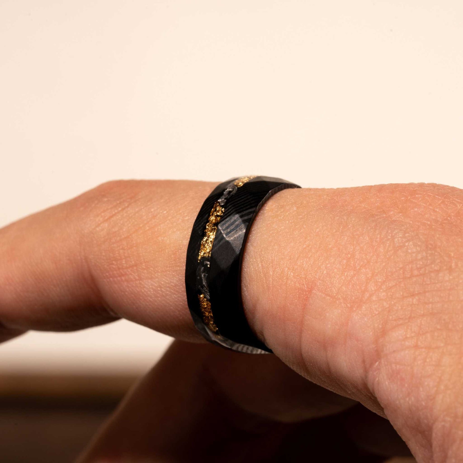 Damascus Meteorite and Crushed Gold Ring with Black Steel Hammered Band