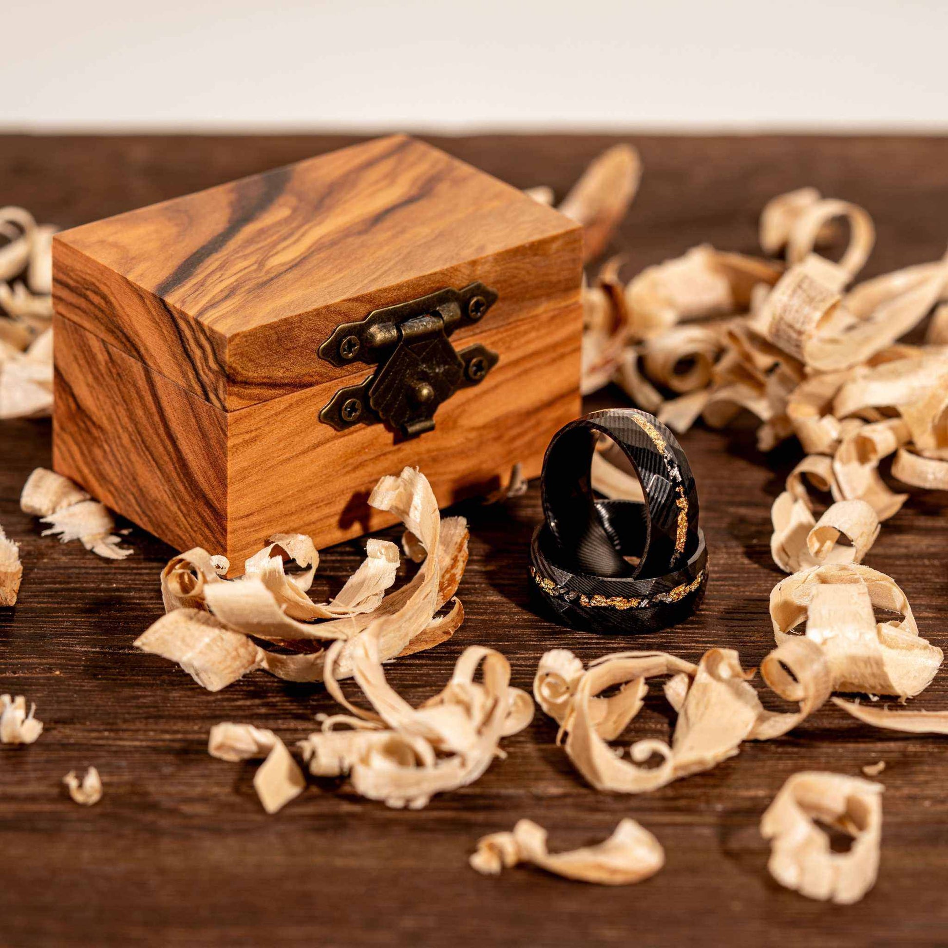 Damascus Meteorite & Crushed Gold Ring with olive wood box, 8mm black steel band, hammered design.