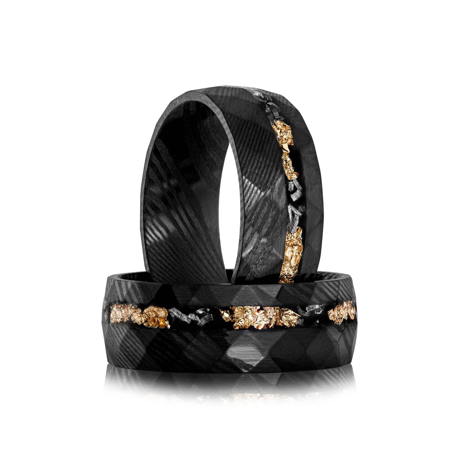 8mm Damascus Meteorite & Crushed Gold Ring, black steel hammered band, men's jewelry.