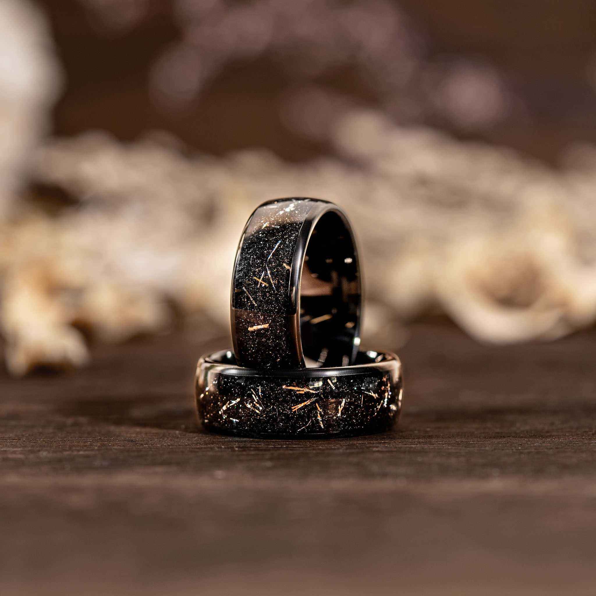 Black Meteorite Eclipse Galaxy tungsten carbide rings with cosmic inlay and high polish finish