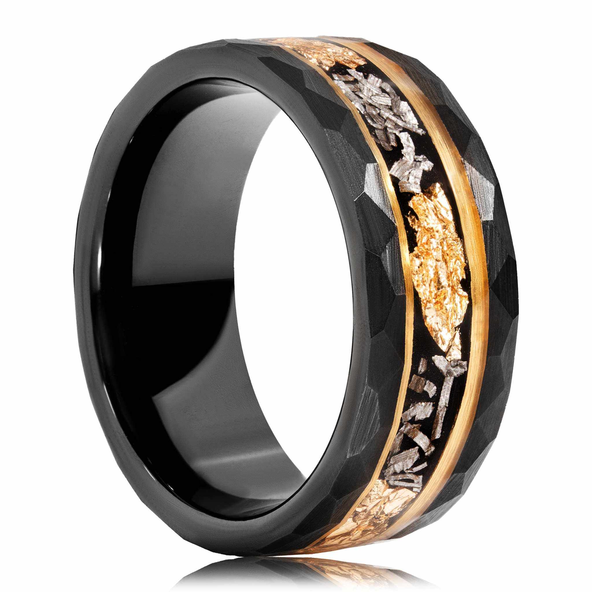 Meteorite x 22K gold leaf hammered black tungsten carbide ring with faceted design