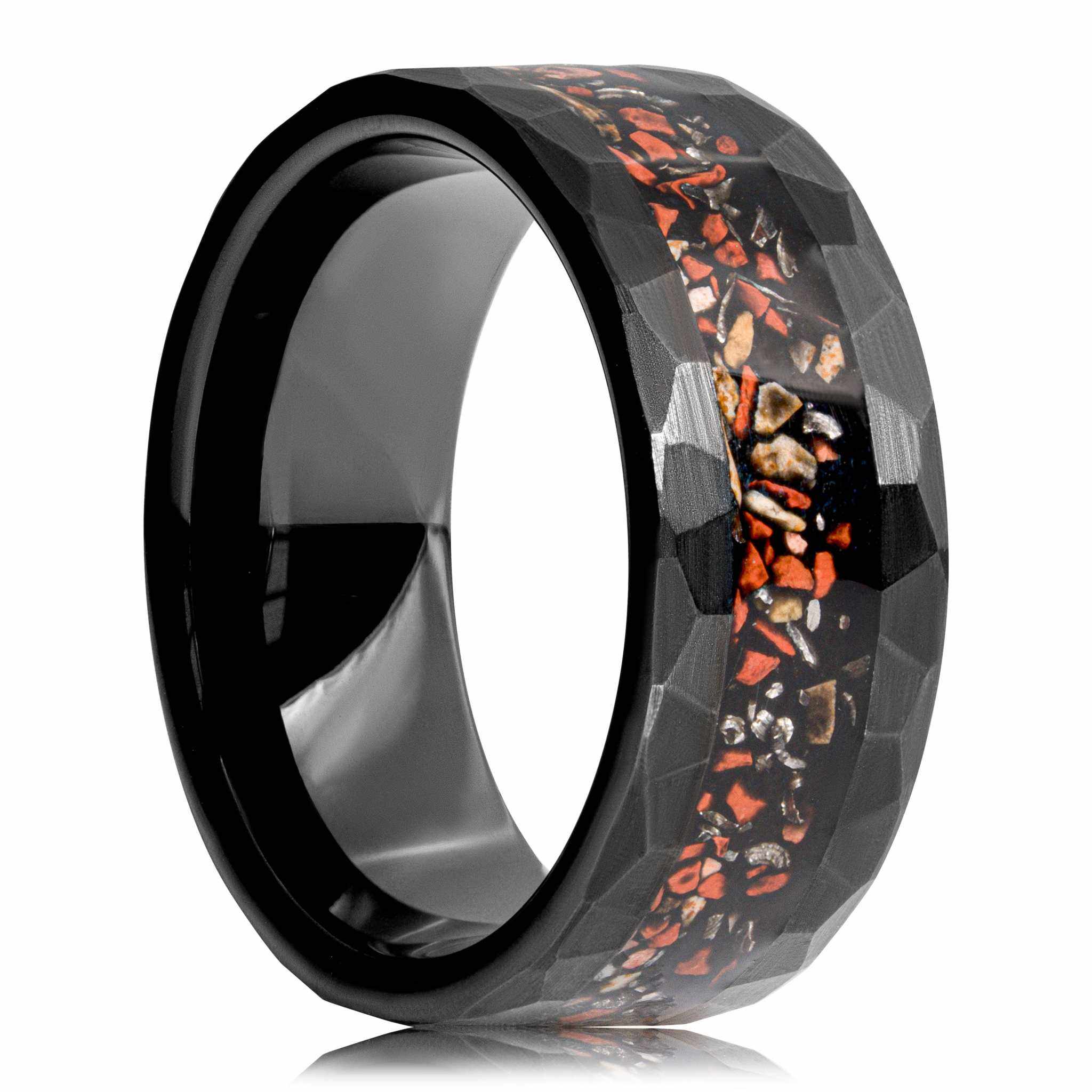 Black hammered tungsten carbide ring with dinosaur bone and meteorite inlay
