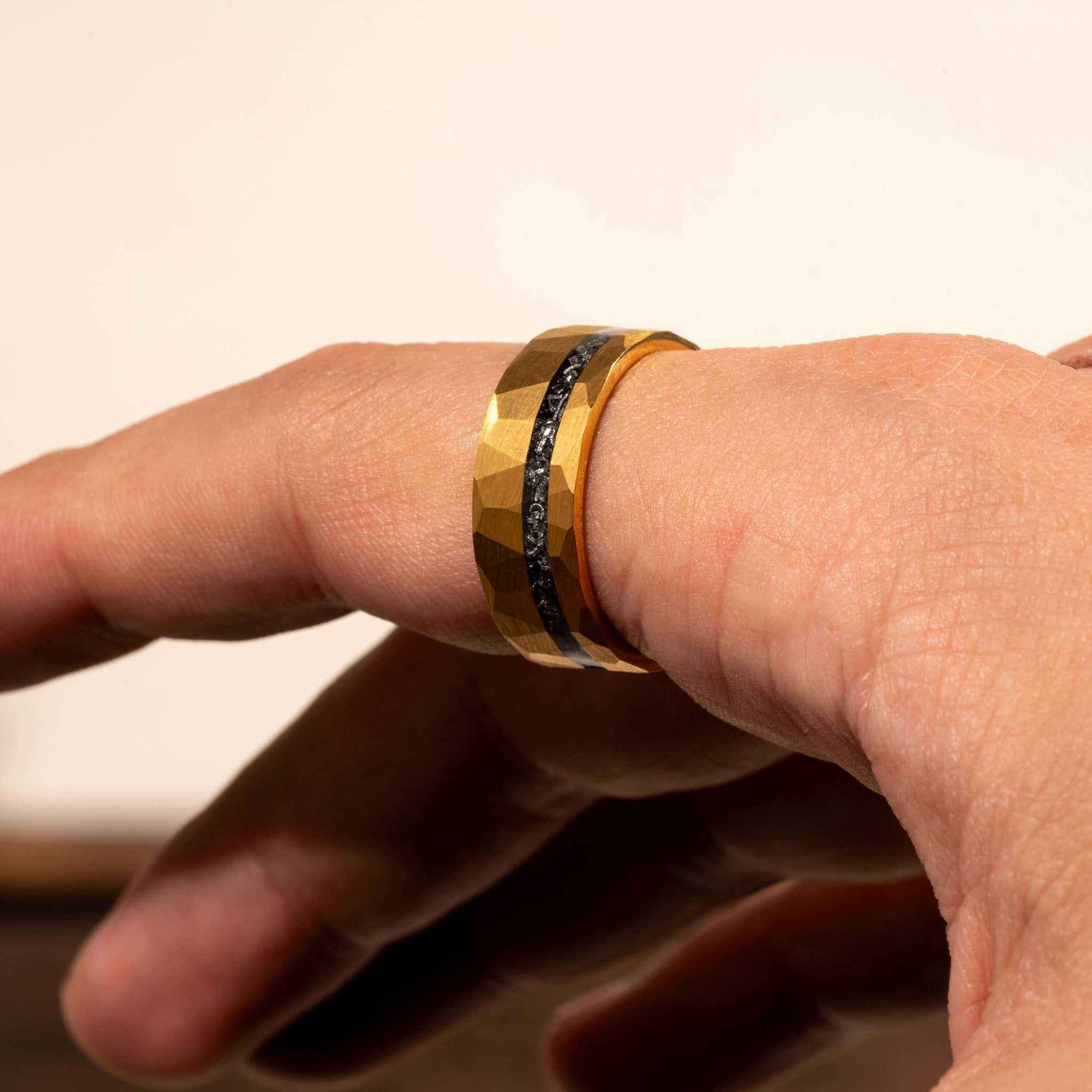 18K yellow gold tungsten ring with meteorite inlay, 8mm width, rustic hammered finish.