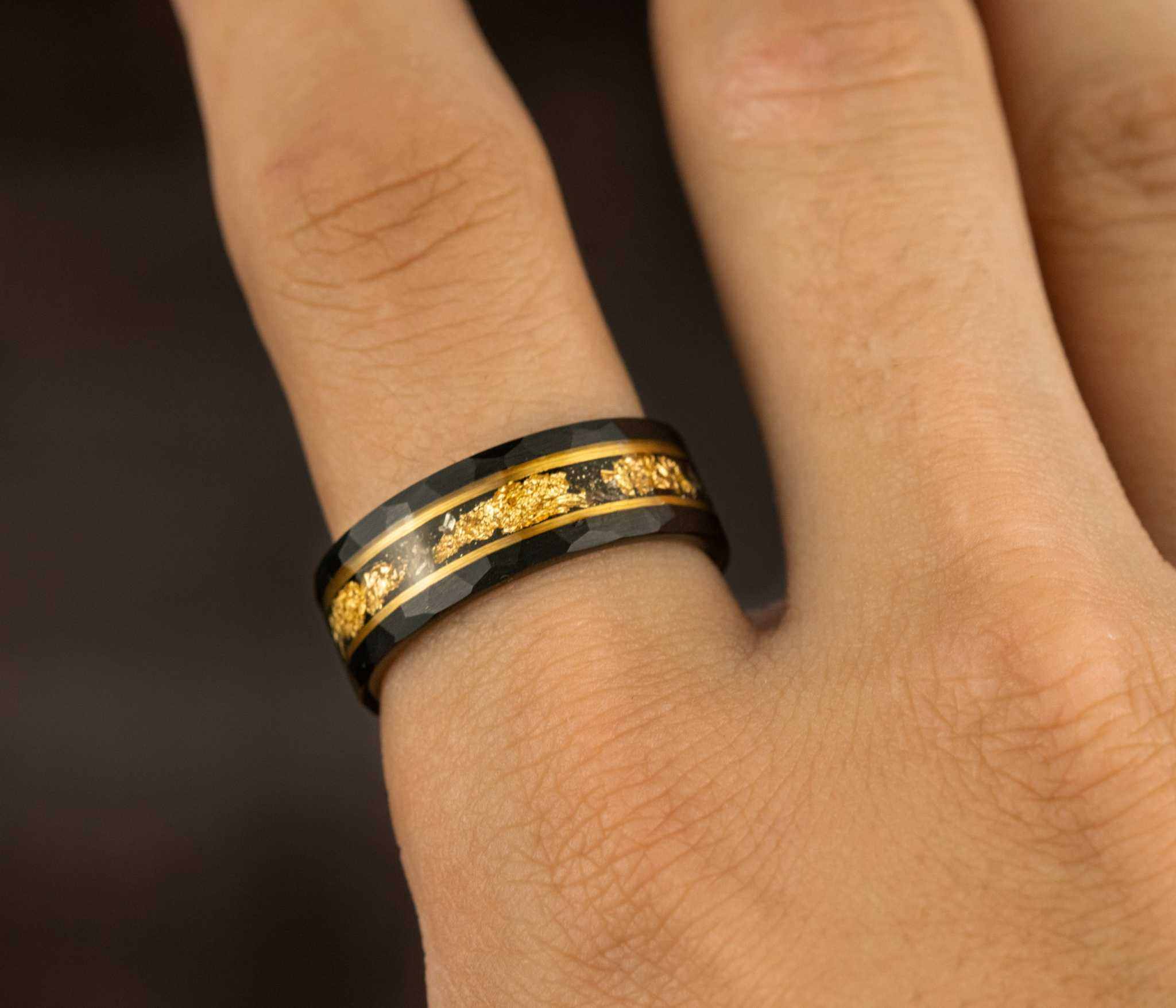 Gold Leaf Meteorite Ring with 22K gold leaf and tungsten, 8MM width, on hand.